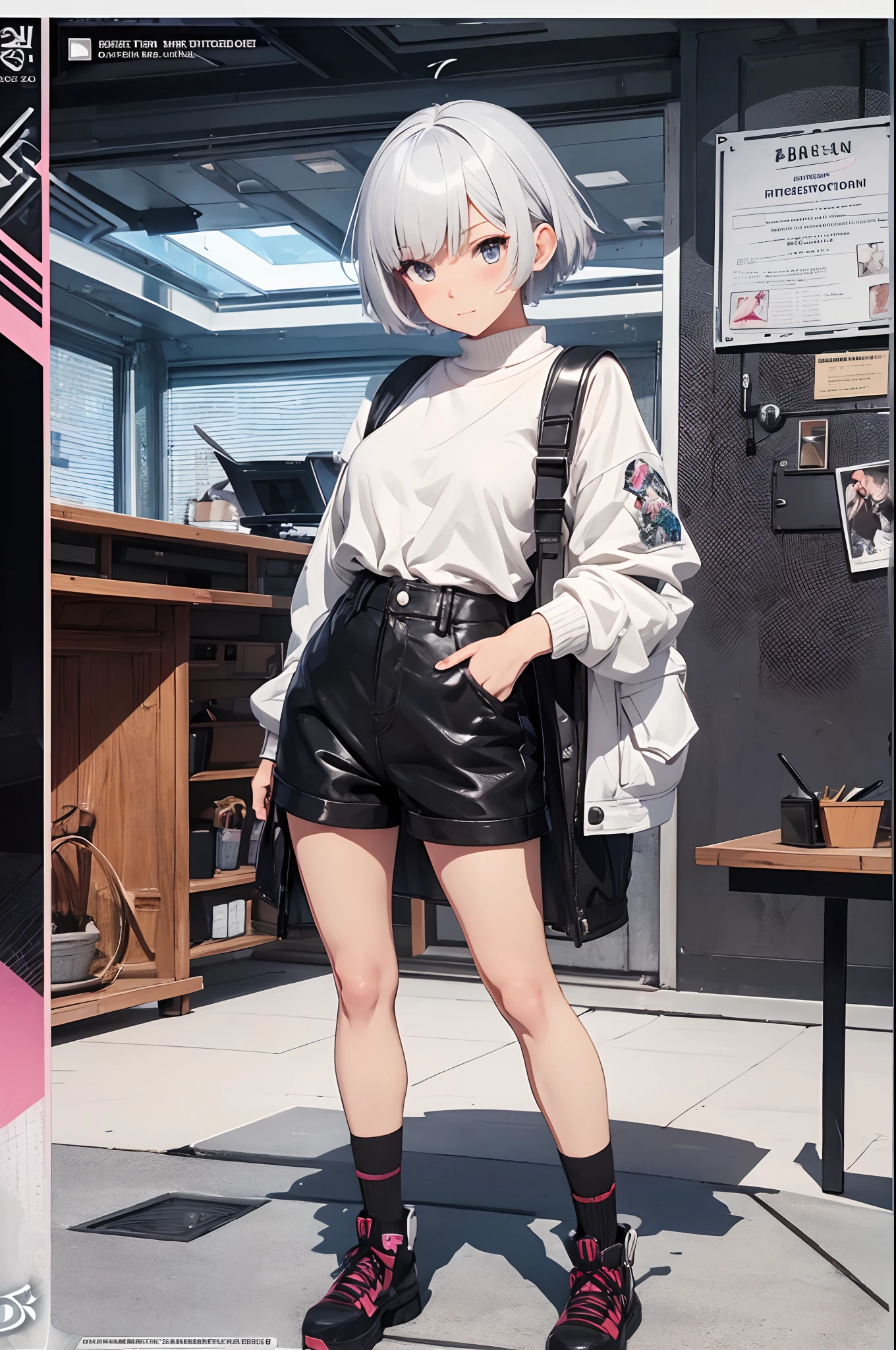 1girl, Anime sculpture of cool girl, She's dressed fashioned in sweater and Short pants, hd, 32k, super detailed, full body, 3d anime, anime style, splash art, anime figure, cute girl, 21-year-old girl's cool style, beauty eyes, sharp eyes. Her Asymmetric Pixie hairstyle, silver hair, short hair, and left-facing bangs, figure art, work desk background, blushing, masterpiece, standing, sexy-pose, unique, breathtaking, Best Artist, Cinematography, Soft Lighting, Cute and well loved, Wind Blowing, Creative, Ultra detailed, Fantasy, Magical,ActionFigureQuiron style,reference sheet,3DMM,action figure box