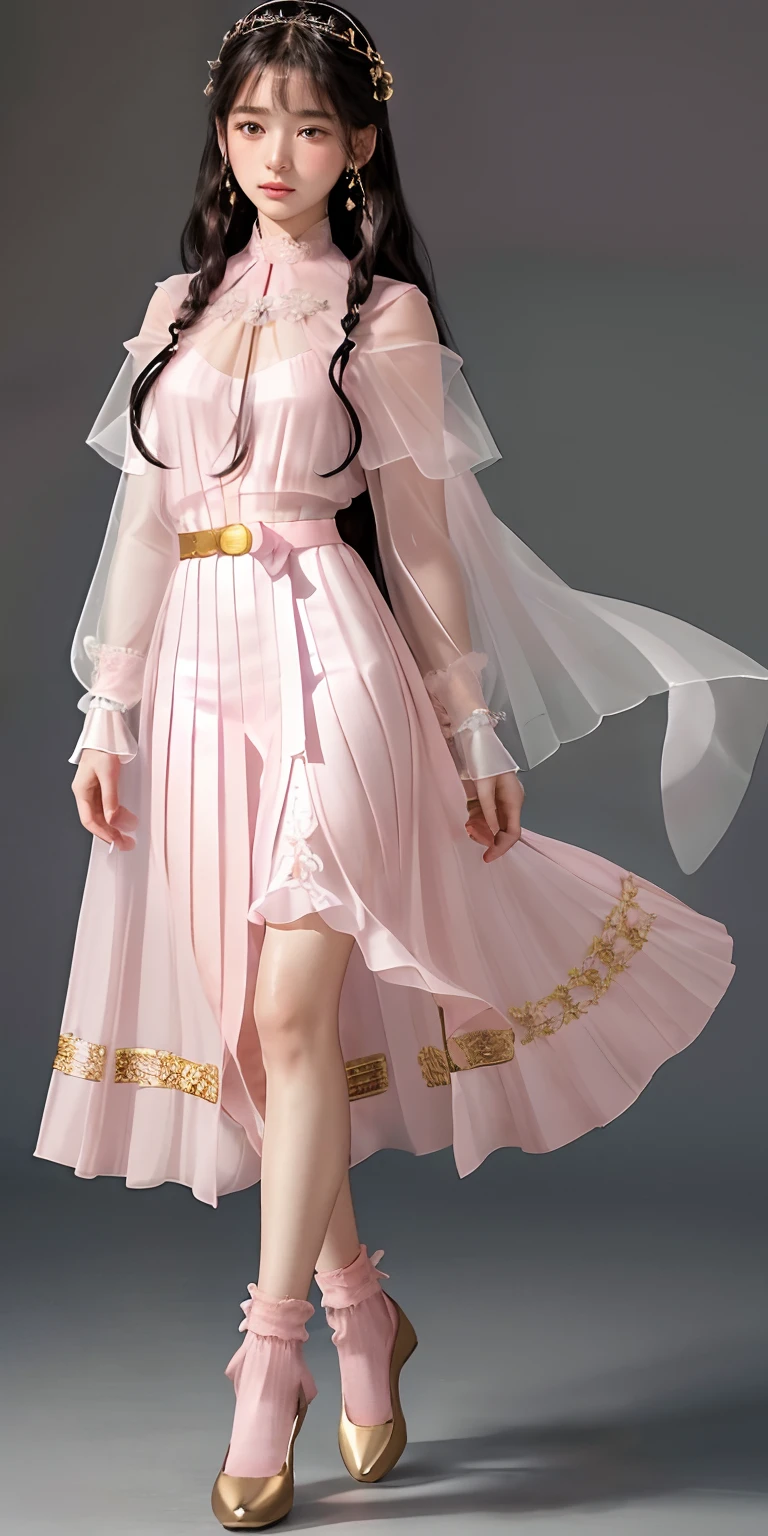 A 17 years old girl, super Long, flowing black hair.
• Gentle facial features with a hint of mystery and confusion in her eyes.
Wearing a (light pink:1.3) and pale white dress, which incorporates subtle gold or silver details.
The dress combines elements of both a pleated skirt and a flat skirt: the center portion of the dress is flat, while the sides have gentle pleats.
She has ((light pink:1.3) Mary Jane shoes) paired with (white lace-trimmed socks)).
Slightly tightened puff sleeves that reflect her calm and reserved nature.
A simple belt around her waist, holding a few small magical tools.
(A translucent, gauzy shawl:1.3)
Simple star-shaped earrings.
Her medieval dress is embroidered with magical symbols or runes.
• Despite her strong magical powers, her overall appearance exudes a sense of understated elegance and gentleness.