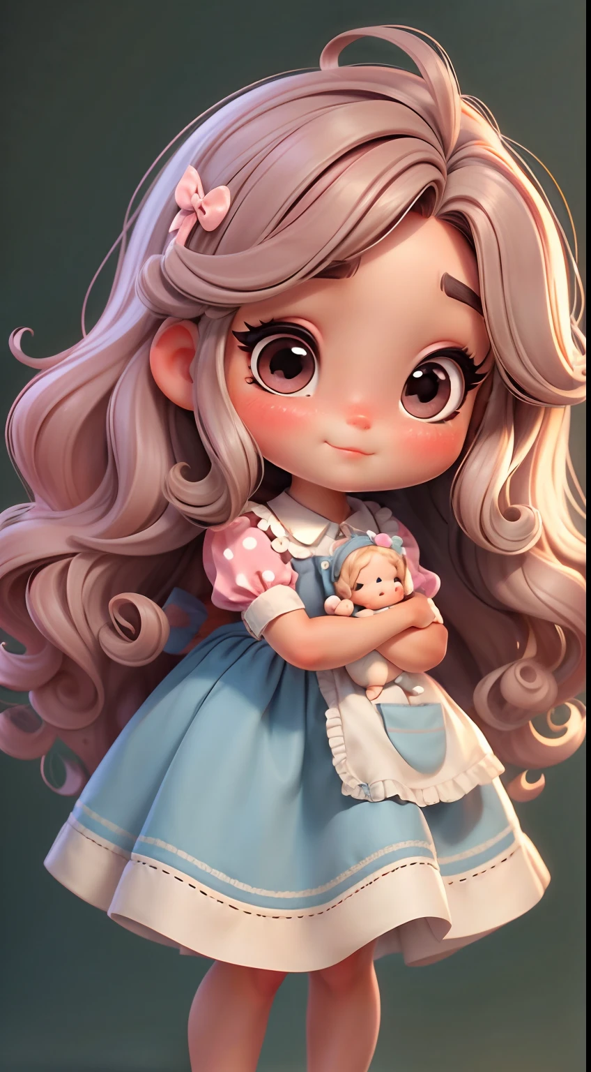 Create a series of chibi style dolls with a cute vintage chic theme, each with lots of detail and in an 8K resolution. All dolls should follow the same solid background pattern and be complete in the image, mostrando o (corpo inteiro, incluindo as pernas: 1.5)
Boneca Aprendiz de Bruxa: Chame-a de Mia. She must have medium wavy brown hair. Seus olhos devem ser grandes e curiosos, with long eyelashes and slightly pinkish cheeks. Mia should be dressed in a delicate dress and a polka-dot blouse and a delicate and beautiful bow. She should hold delicate and thin accessories. Add details like pockets and ruffles to the apron to make it even more charming, sapato bonito
Certifique-se de adicionar sombras, texturas e detalhes nos cabelos, roupas, Beautiful utensils, to make them even more adorable and charming.