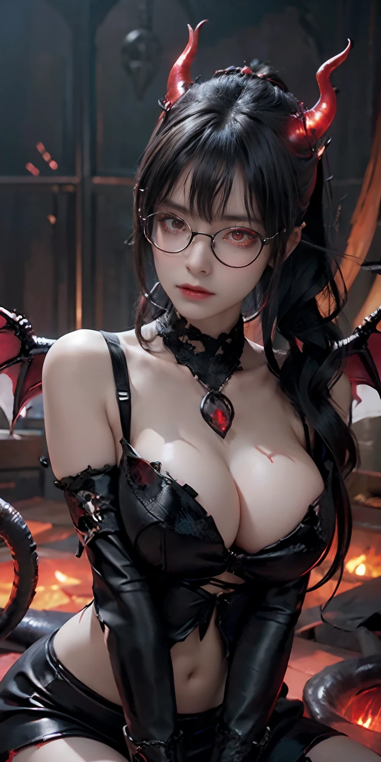 Fine、(The best illustrations)、8K resolution、intricate-detail、top-quality、realisitic、ultra-detailliert、The best lighting、Best Shadows、Soft lighting、Ulutra HD、Dungeon and Dragon、Dungeon、Devil's Daughter Tentacle Sex, (Many alien tentacles:1.2), torn, too much, Tears, srestrained, (Multiple inserts:1.2) 、A Necromancer、natta、magia、Dark style、Succubus、Devil's Daughter、Bat Wings,(((Demon Horns)))、((((black-rimmed round glasses))))、(((Colossal tits)))、Devil's Tail、(red eyes glowing:1.6)、masterpiece、beautiful countenance、Tindall Effect、photos realistic、(High Detail Skins:1.2)、8KUHD、Digital SLR、hightquality、a picture、hight resolution、 absurderes、Ponytail distortion、best ratio four finger and one thumb、Highest high resolution、1人、hair adornments、a necklace、jewely、Beautiful expression、Body Up、Large breasts emphasis、Toned waist、Wide buttocks、Tindall Effect、Photorealsitic、(High Detail Skins:1.2)、