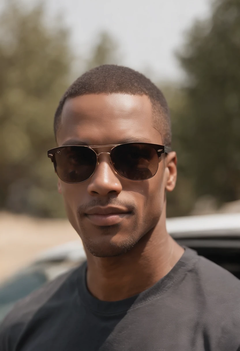 CJ ((Carl Johnson))、GTA San Andreas、realista、usando regata branca、((cabelo pintado de rosa))、sun glasses、Intimidador. 4k、alta qualidade、muito detalhado、fotografia profisional、Relusgente、Filtro que destaca pele negra. great quality image、((looking-into-camera))、reluzente、Blurred behind、hiper-realismo.