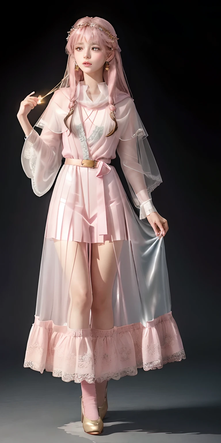 A girl, super Long, flowing black hair.
• Gentle facial features with a hint of mystery and confusion in her eyes.
Wearing a (light pink:1.3) and pale white dress, which incorporates subtle gold or silver details.
The dress combines elements of both a pleated skirt and a flat skirt: the center portion of the dress is flat, while the sides have gentle pleats.
She has ((light pink:1.3) Mary Jane shoes) paired with (white lace-trimmed socks)).
Slightly tightened puff sleeves that reflect her calm and reserved nature.
A simple belt around her waist, holding a few small magical tools.
(A translucent, gauzy shawl:1.3)
Simple star-shaped earrings.
Her medieval dress is embroidered with magical symbols or runes.
• Despite her strong magical powers, her overall appearance exudes a sense of understated elegance and gentleness.