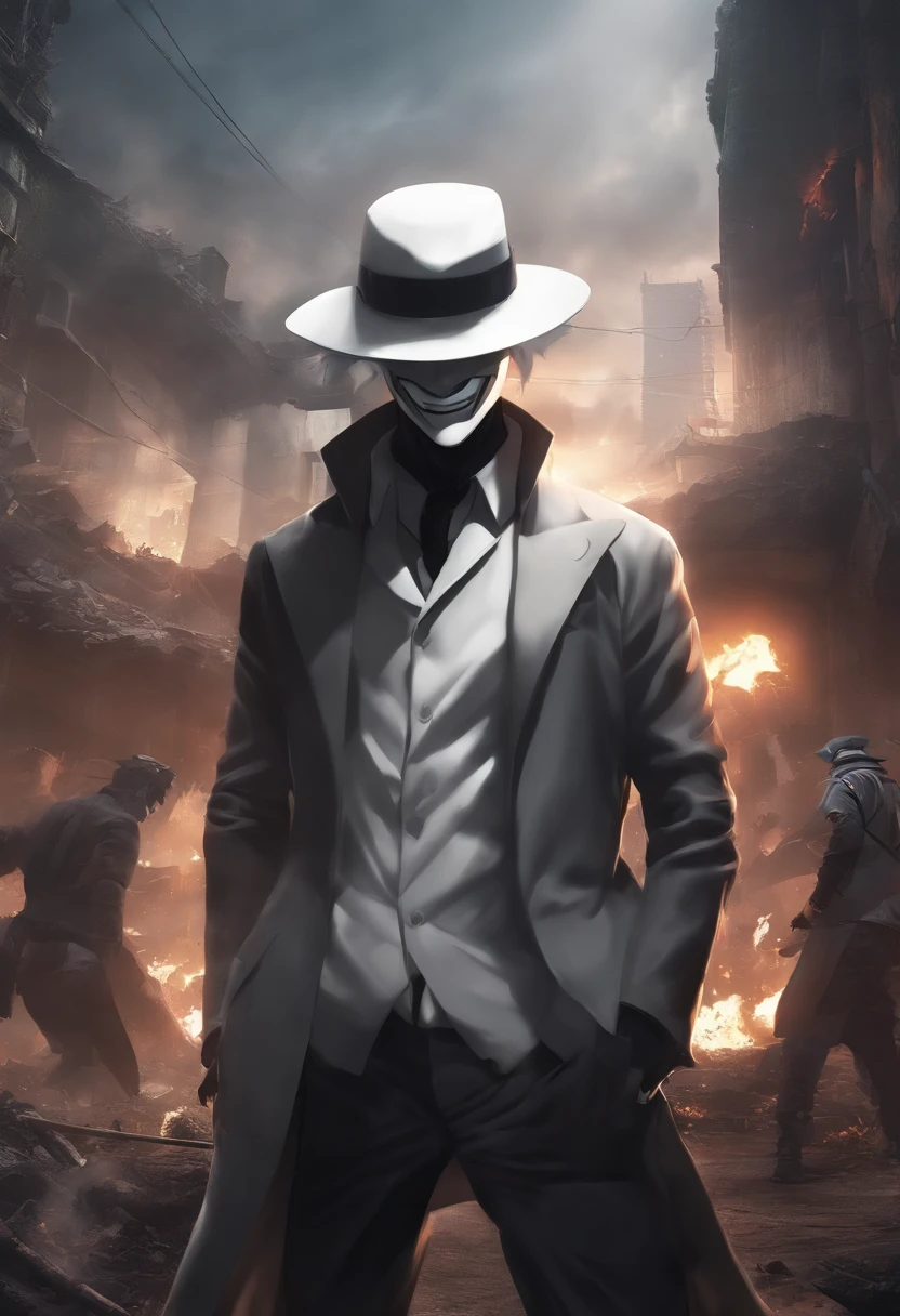 Create an anime with a white hat along with Naruto and the joker in a destroyed city and giant monsters based on science fiction Creation 8k real faces doing jutsu and Kamehameha