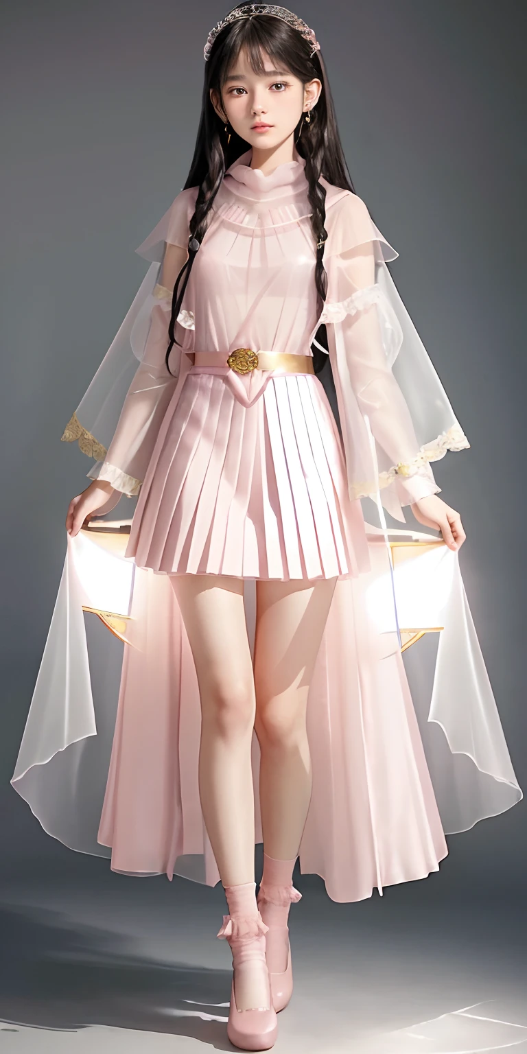 A 17 years old girl, super Long, flowing black hair.
• Gentle facial features with a hint of mystery and confusion in her eyes.
Wearing a (light pink:1.3) and pale white dress, which incorporates subtle gold or silver details.
The dress combines elements of both a pleated skirt and a flat skirt: the center portion of the dress is flat, while the sides have gentle pleats.
She has ((light pink:1.3) Mary Jane shoes) paired with (white lace-trimmed socks)).
Slightly tightened puff sleeves that reflect her calm and reserved nature.
A simple belt around her waist, holding a few small magical tools.
(A translucent, gauzy shawl:1.3)
Simple star-shaped earrings.
Her medieval dress is embroidered with magical symbols or runes.
• Despite her strong magical powers, her overall appearance exudes a sense of understated elegance and gentleness.