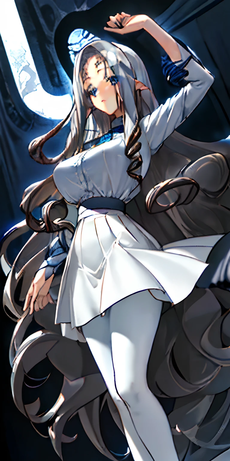 (Long silver hair with bangs and two big curls) ((gigantic breasts,)) (Hair bits,) Big waist, Big chest, (Blue eyes,) (White shirt, Dark blue skirt, Dark blue tights,) (1 girl,) solo, (curly hair), straight hair, masterpiece, best quality, long hair,