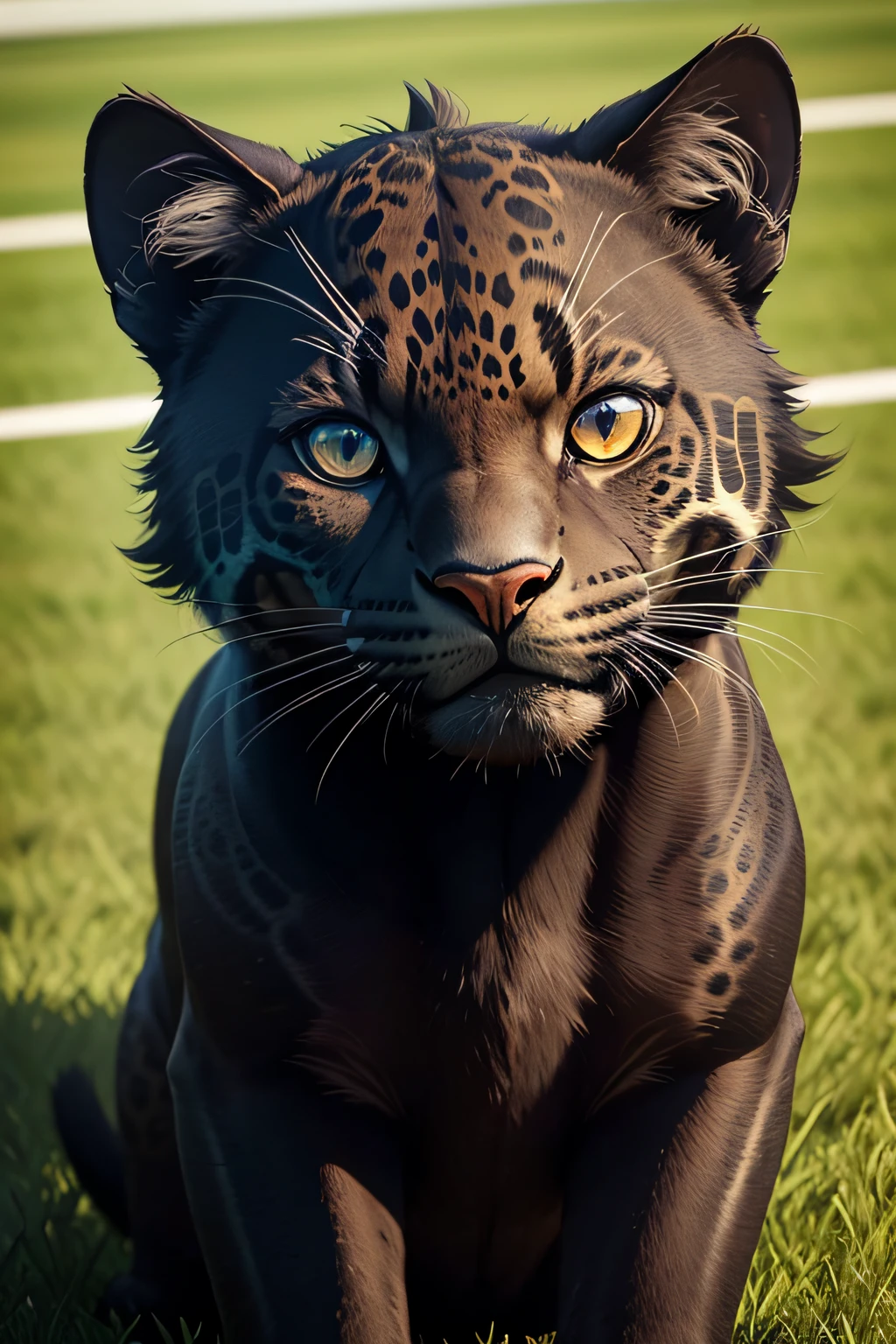 Please create a 3d image of a black jaguar from the felidae family to be a field soccer club mascot, upright and with a captivating friendly facial expression
