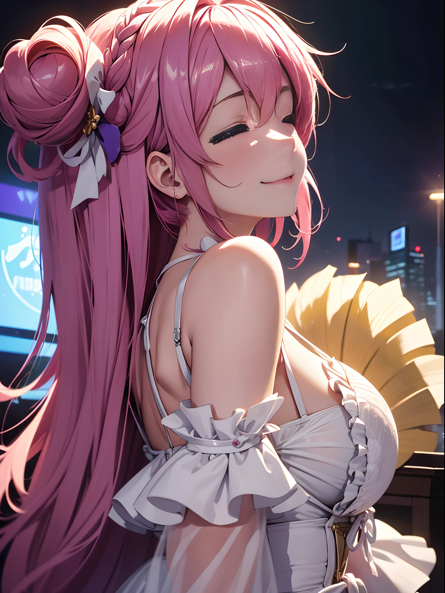 Absurd resolution, high resolution, (Masterpiece: 1.4), Super detailed, (1 woman: 1.3), (Solo: 1.4), Fireworks, a short bob, a short bob, komono, Looking back, closing her eyes, Smiling, Light, Makoto shinkai style, Ultra-close-up of the face, super fine illustrations, Vivid colors, Cinematic light, Exciting lighting production, Attention to detail, Vivid colors, Hairpins, komono, Side rooms, Looking back, cheerfulness, Smile, From below,blush,huge tit,