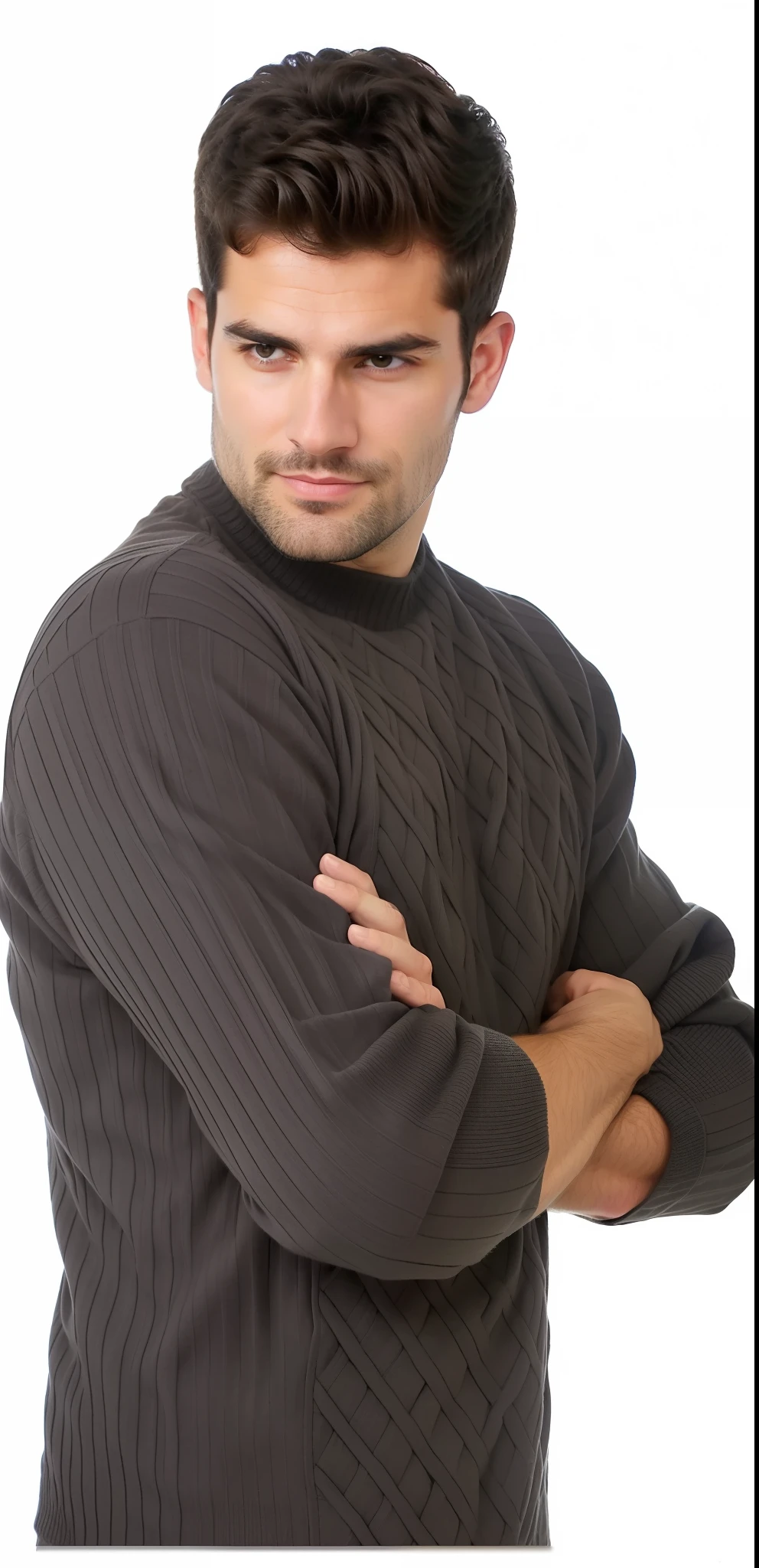 Man in sweater and arms crossed, arms crossed on chest, peito fofo, woolen torso in medieval clothes, peito peludo, Cloath enrugado apertado, cabelo flutuando cobrindo o peito, Close-up de corpo inteiro, ombros peludos, dnd render de um homem, folded arms, homem intimidador, retrato do rosto do homem nervurado, vestindo o manto do favo de mel nanotech
