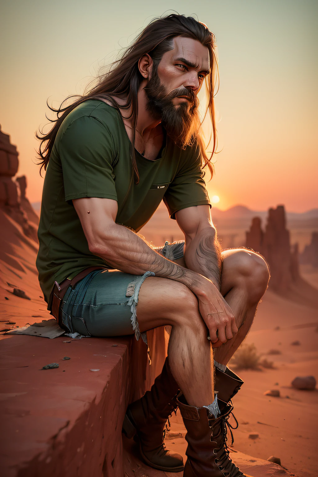 thin, weakened man, torn clothes, worn old boots, elbow-length green shirt, torn denim shorts, long hair and beard, sitting on a rock in the red desert, red sky