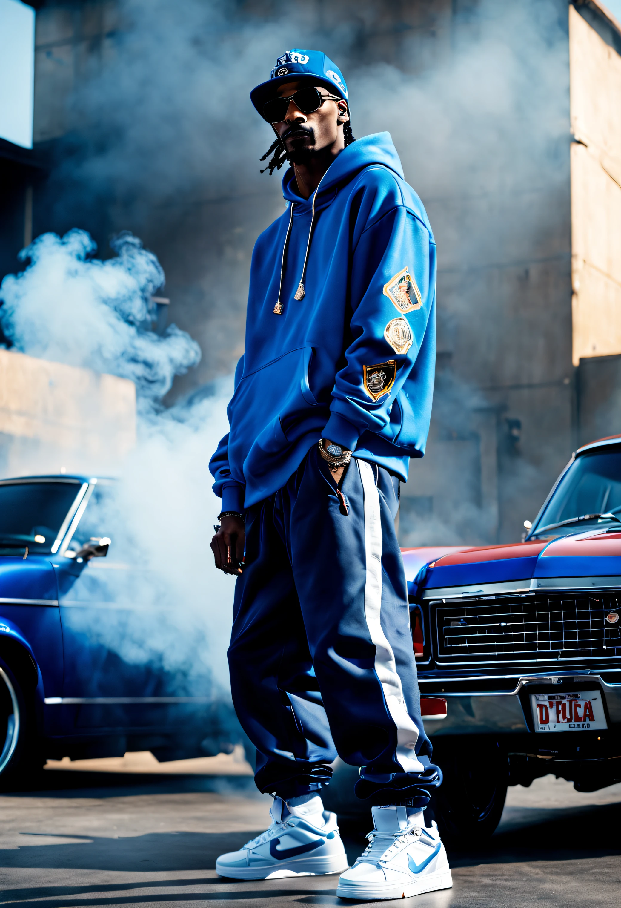 snoop dogg, side view, blue hoodie, blue bandana, baggy pants, smoke background, dynamic hiphop pose, hazy atmosphere, ((( low rider car in the background )))