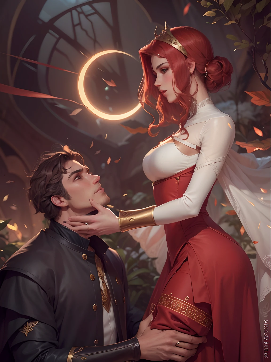 Casal, deusa de longos cabelos vermelho, morcegos e lua brilhante, homem, deus grego, homem de cabelo escuro, lugar escuro, estilo "The Cruel Prince"