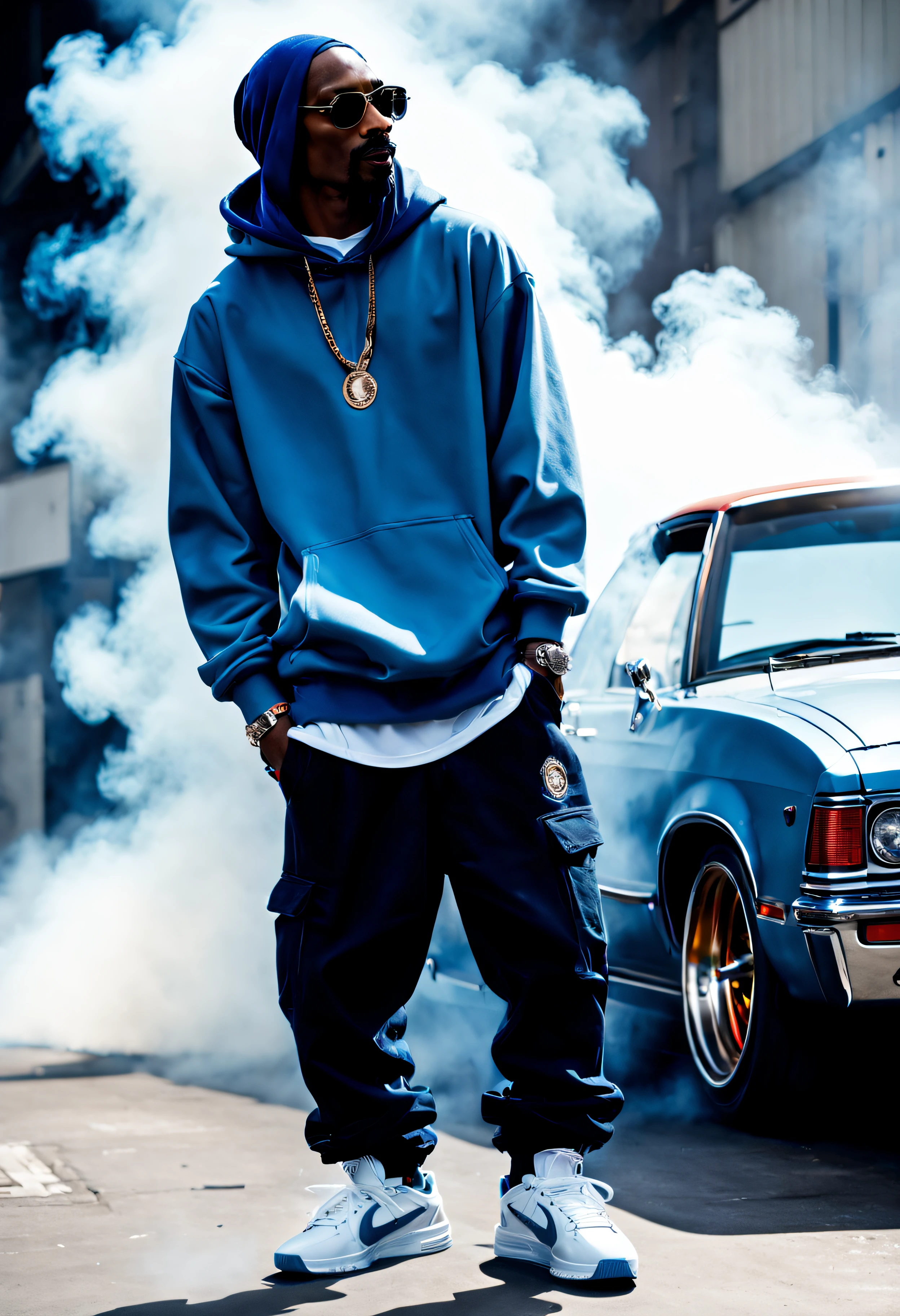 snoop dogg, side view, blue hoodie, blue bandana, baggy pants, smoke background,  dynamic hiphop pose, hazy atmosphere, ((( low rider car in the  background )))