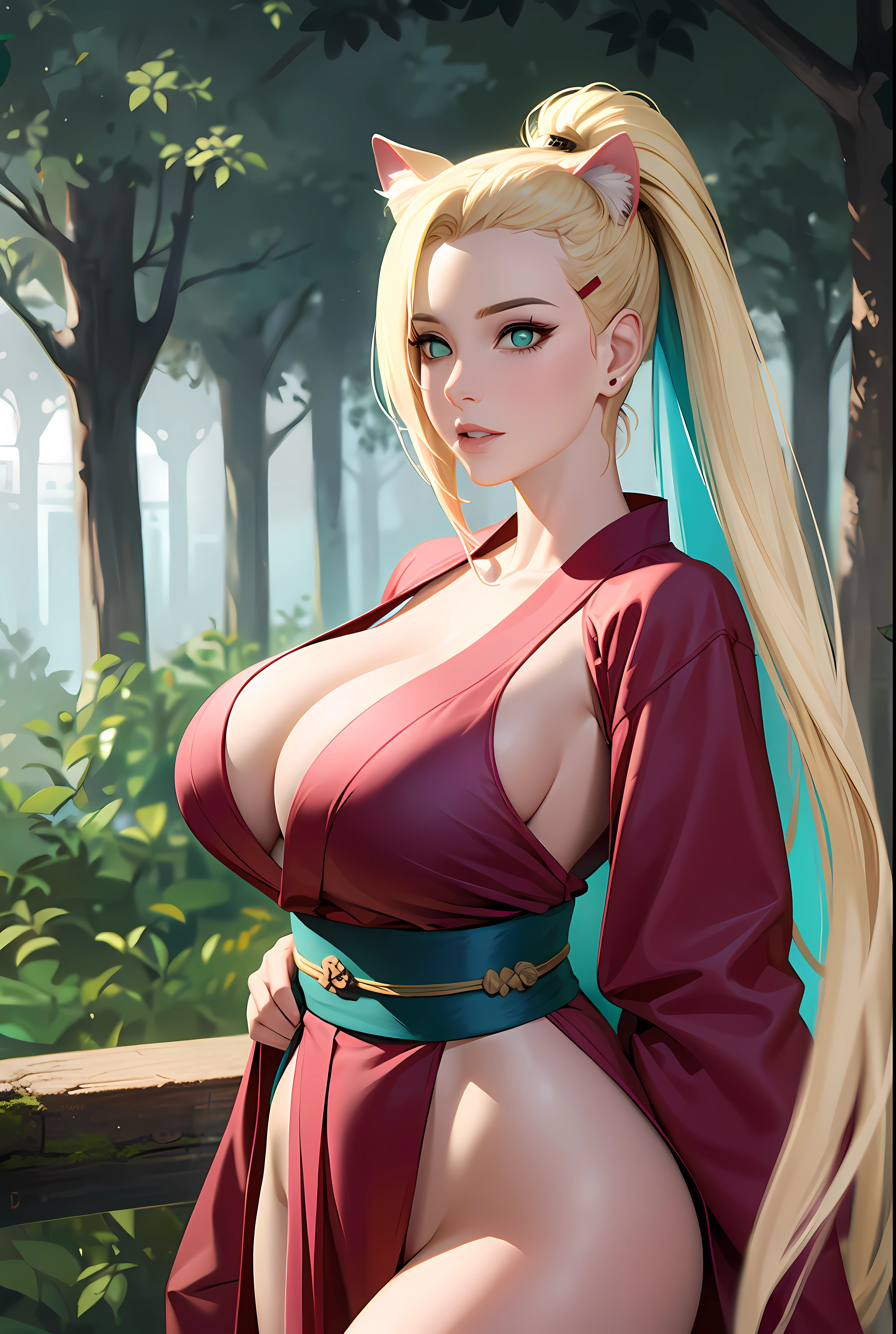 Best Quality, yamanaka ino, (1girl, 独奏, mature female, Adult woman), seethru, hair light, red kimono, long red kimono, long kimono, sash, Cyan eyes, Sateen, Forest background, Warm background, big breastes, wide thighs, kitty, (, :1.1, hair ornament, Thong with neckline), teats