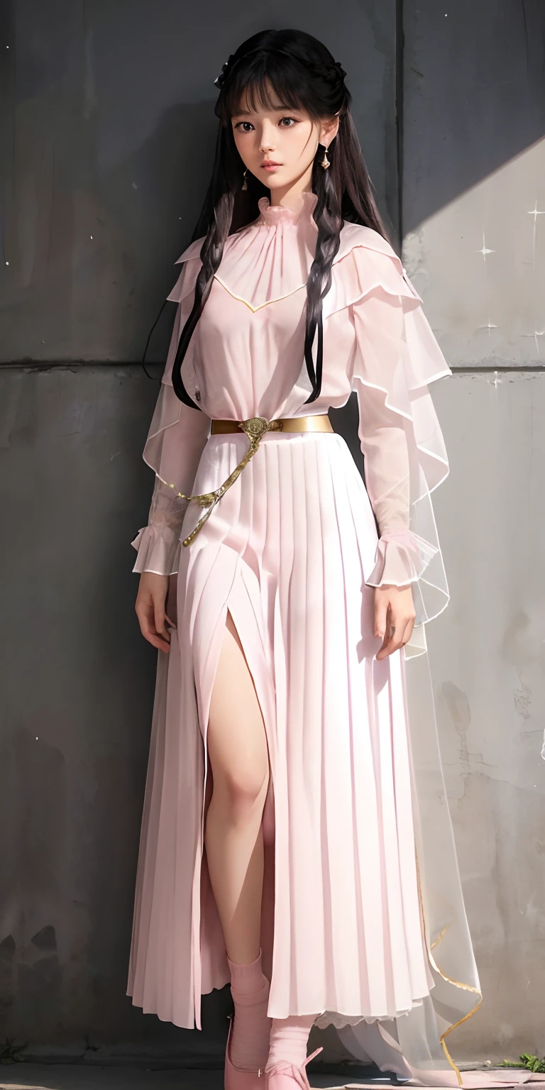A girl, super Long, flowing black hair.
• Gentle facial features with a hint of mystery and confusion in her eyes.
Wearing a (light pink:1.3) and pale white dress, which incorporates subtle gold or silver details.
The dress combines elements of both a pleated skirt and a flat skirt: the center portion of the dress is flat, while the sides have gentle pleats.
She has ((light pink:1.3) Mary Jane shoes) paired with (white lace-trimmed socks)).
Slightly tightened puff sleeves that reflect her calm and reserved nature.
A simple belt around her waist, holding a few small magical tools.
(A translucent, gauzy shawl:1.3)
Simple star-shaped earrings.
Her medieval dress is embroidered with magical symbols or runes.
• Despite her strong magical powers, her overall appearance exudes a sense of understated elegance and gentleness.