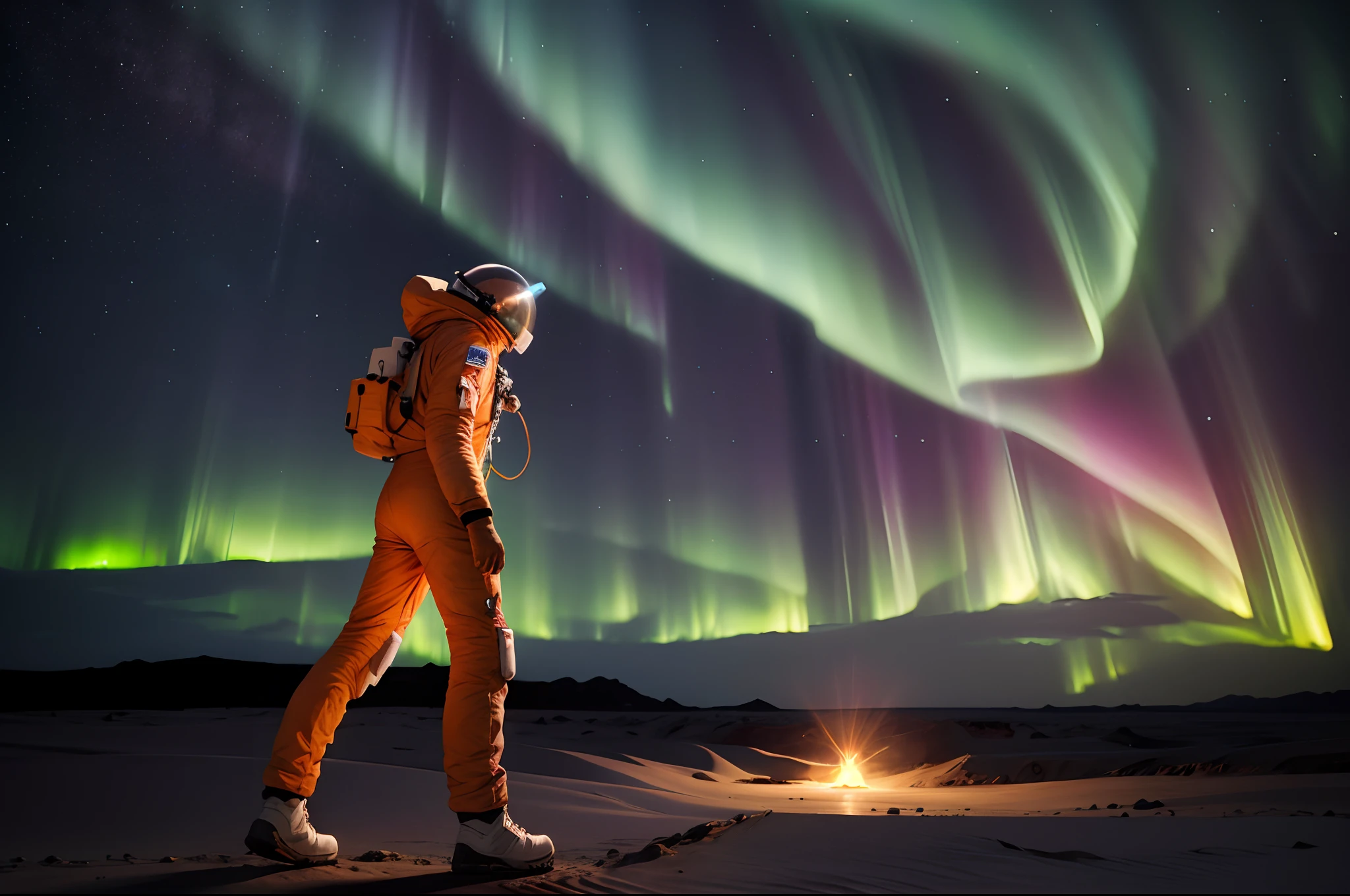 Lateral view of an astronaut, face visible through the helmet, orange suit, he is watching the dancing lights of the aurora in the sky of an alien planet, semidesertic alien landscape as background. Highly detailed.