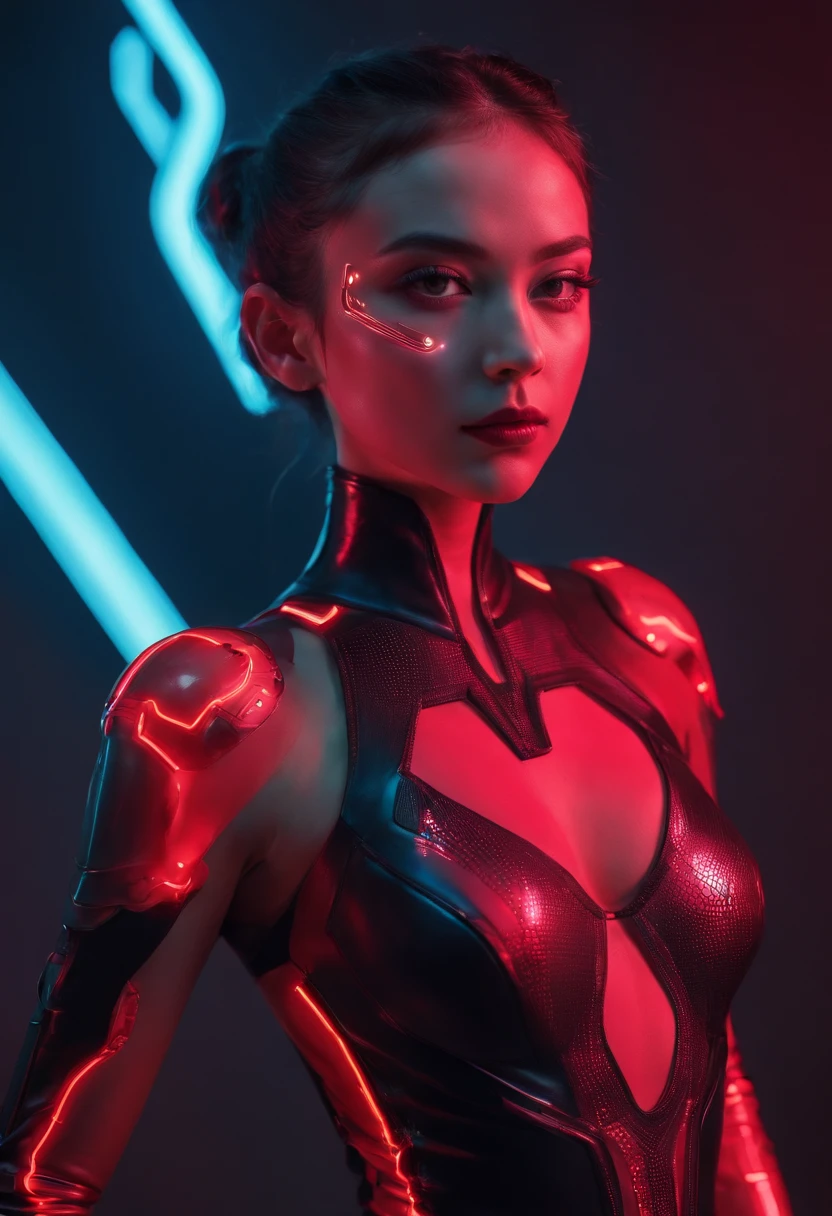 Cyborg woman wearing a futuristic leotard posing for a photo, high waisted leotard, cyberpunk outfit, red minimalistic background, darksynth aesthetic, red neon lights, robotic parts, perfect body, ultra detailed.