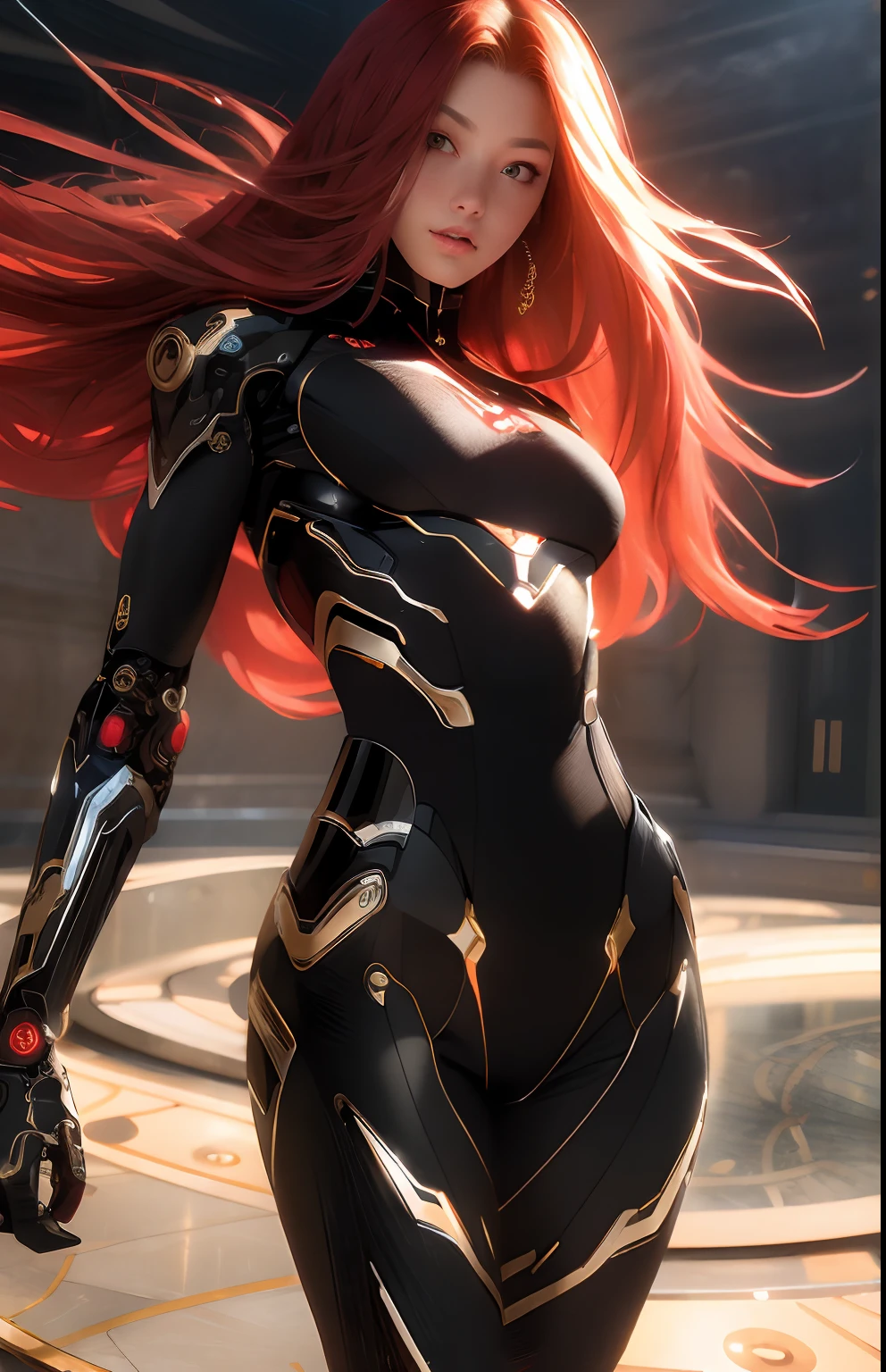 Tall beautiful woman with red hair and yellow eyes、Extremely realistic and detailed suit costume