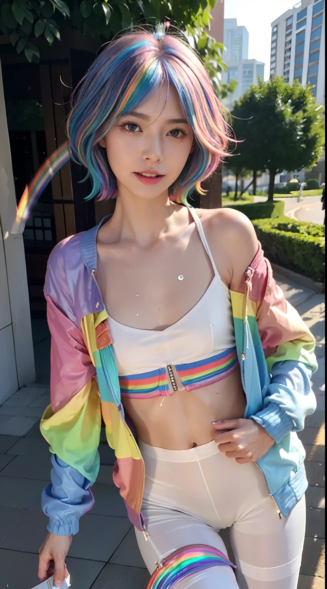 (Small underboob,small heads)), (perfect bodies: 1.1), (shoulder length straight short hair:1.0),(Rainbow colored hair:1.5),attractive collarbone，（极其细致的CG 8k壁纸），（Extremely refined and beautiful），（masterpiece），（best qualtiy：1.0），（超高分辨率：1.0）,[A high resolution]，cheerfulness，smile，Smooth and flawless fair skin,(Exquisite Makeup:1.3),ultra - detailed ，Elongated legs,(Small breasts:1.1),Flat chest,underboob,Slim,emaciated，(Rainbow color jacket:1.5),(white fullbodypantyhose:1.4),Cleavage,autumn, in residential areas,high-rise residential buildings,in garden,on path,(running:1.5),(Hair flying:1.3),(open mouth:1.2) ,(female orgasmic:1.3), (blush:1.3),(sweat:1.6),upper body,(close shot:1.3),(cowboy shot:1.3),(Passport photo:1.5),At night,night scene,dark light,