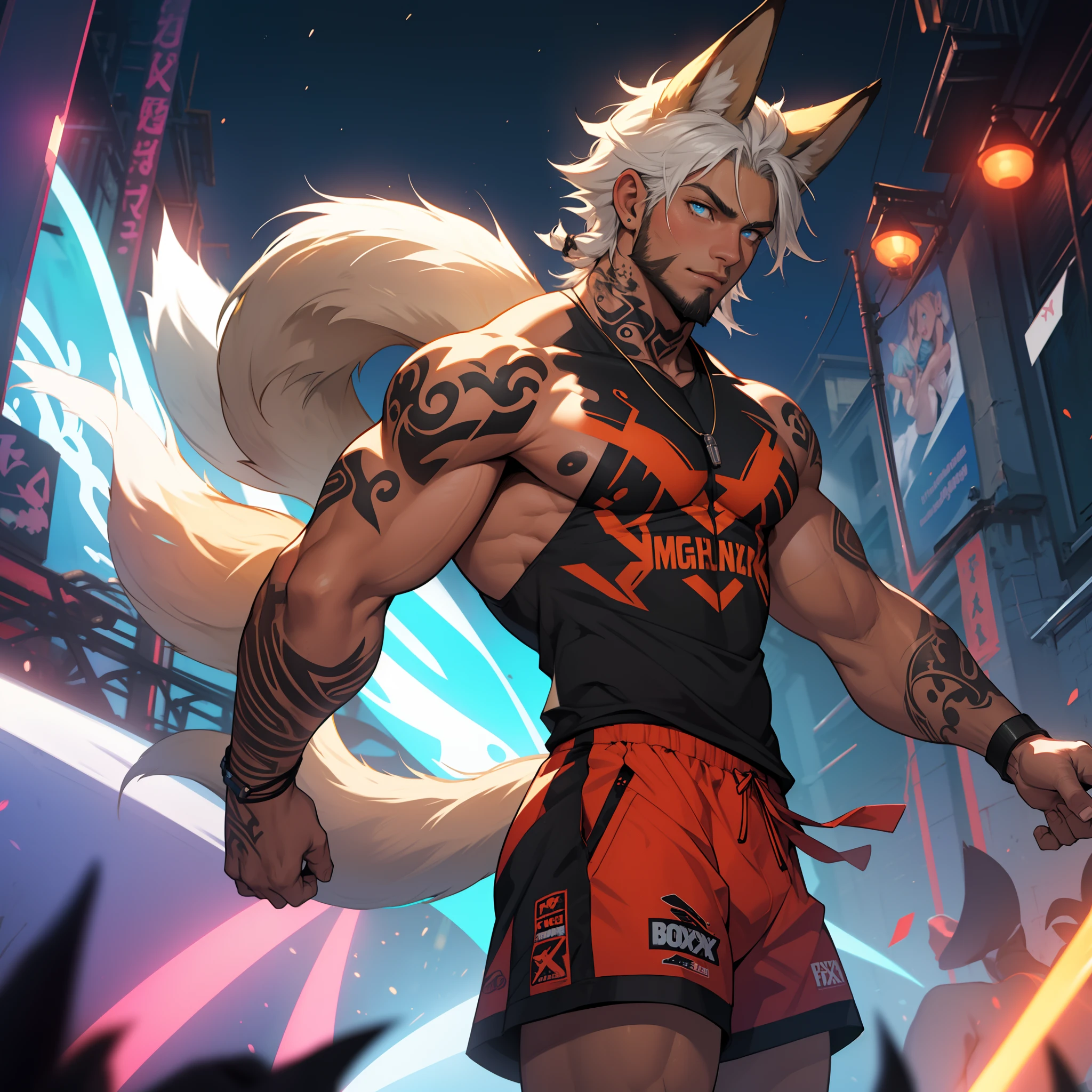 masculine young guy, short beard and ((dark tanned skin)), night rave scene, short cropped hair, ((has fox ears)), ((has fox tail)), wearing a streetwear outfit, ((he is solo)), ((he is alone)), has detailed glowing blue eyes, covered in ((tattoos)), muscular thighs
