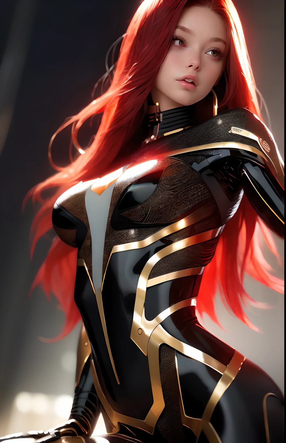 I want to be a powerful figure behind the scenes！,Iris Midgar,Red hair,long hair,Outside flip,Beautiful red eyes,Beautiful white skin,Black and golden suit,Long white pants,Photorealistic,Ultra HD,high quality,masterpiece,Digital SLR,Detailed details,Intricate details,Anatomical basis,Depicted in detail,A detailed face,Realistic skin texture,Vivid details,Perfect Anatomy,Perfect Anatomy,Anatomically correct hand,Anatomically correct fingers,Super Detail,Complex 3D rendering,The worldview of a fantasy with sexy poses,Nature,Picturesque,Pink Lips,smile,