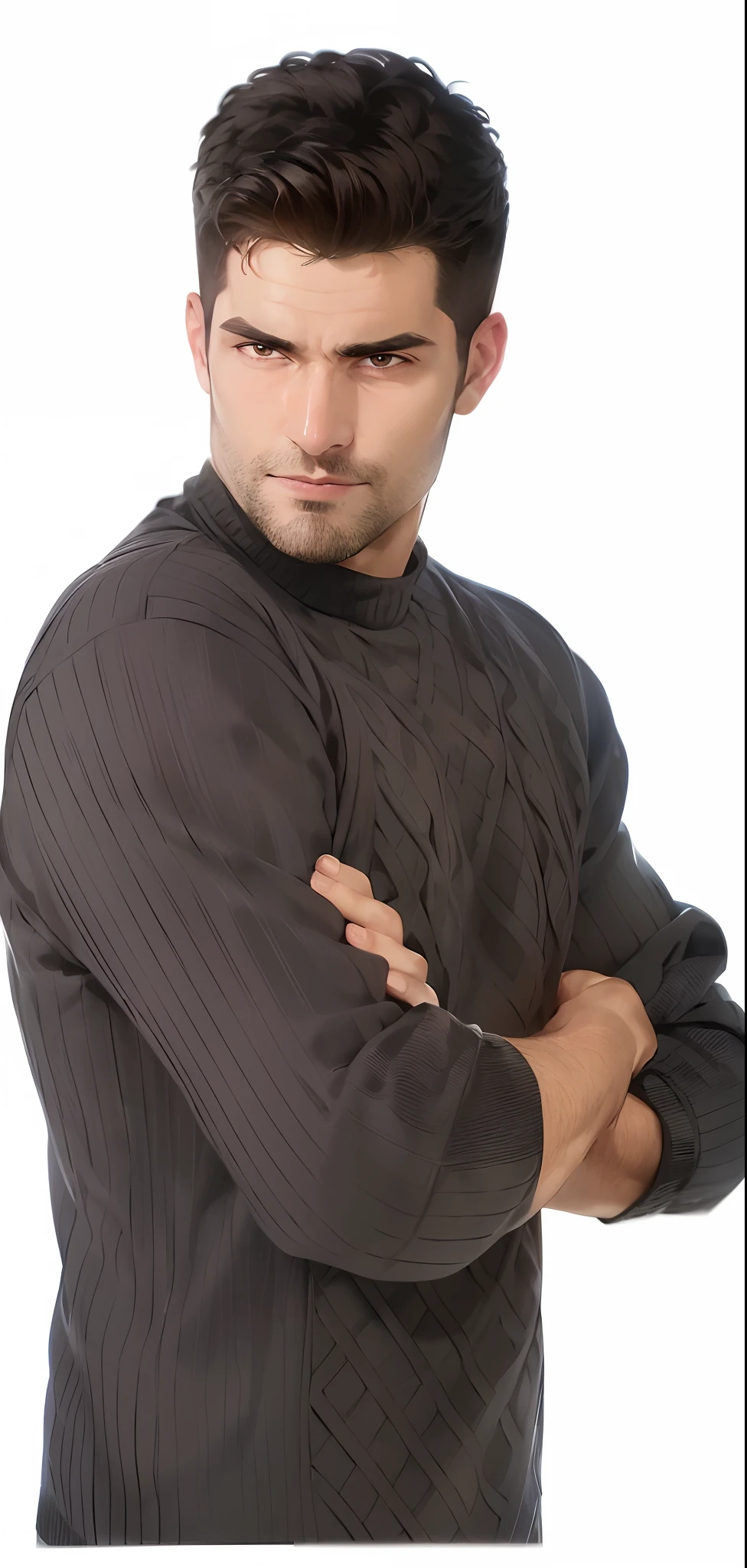 Man in sweater and arms crossed, brave facial expression, he is wearing a brown sweater, wearing a dark sweater, arms crossed on chest, wearing a black sweater, wearing a sweater, Close-up de corpo inteiro, Homem magro com pele bronzeada clara, wearing sweater, homem bonito, wearing casual sweater, posing with crossed arms, homem atraente, modelo bem cuidado