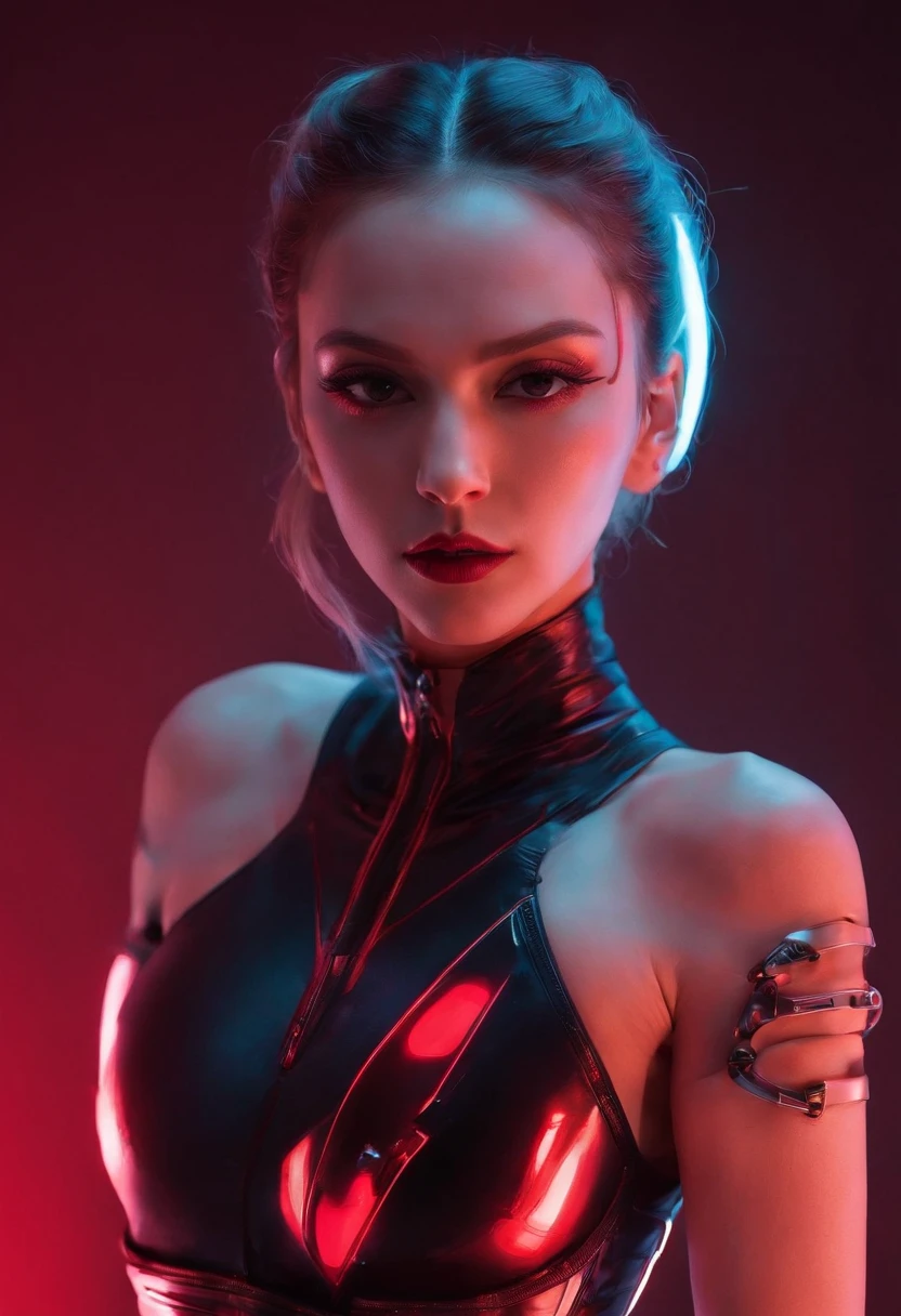 Cyborg woman wearing a futuristic leotard posing for a photo, high waisted leotard, cyberpunk outfit, red minimalistic background, darksynth aesthetic, red neon lights, robotic parts, perfect body, ultra detailed.