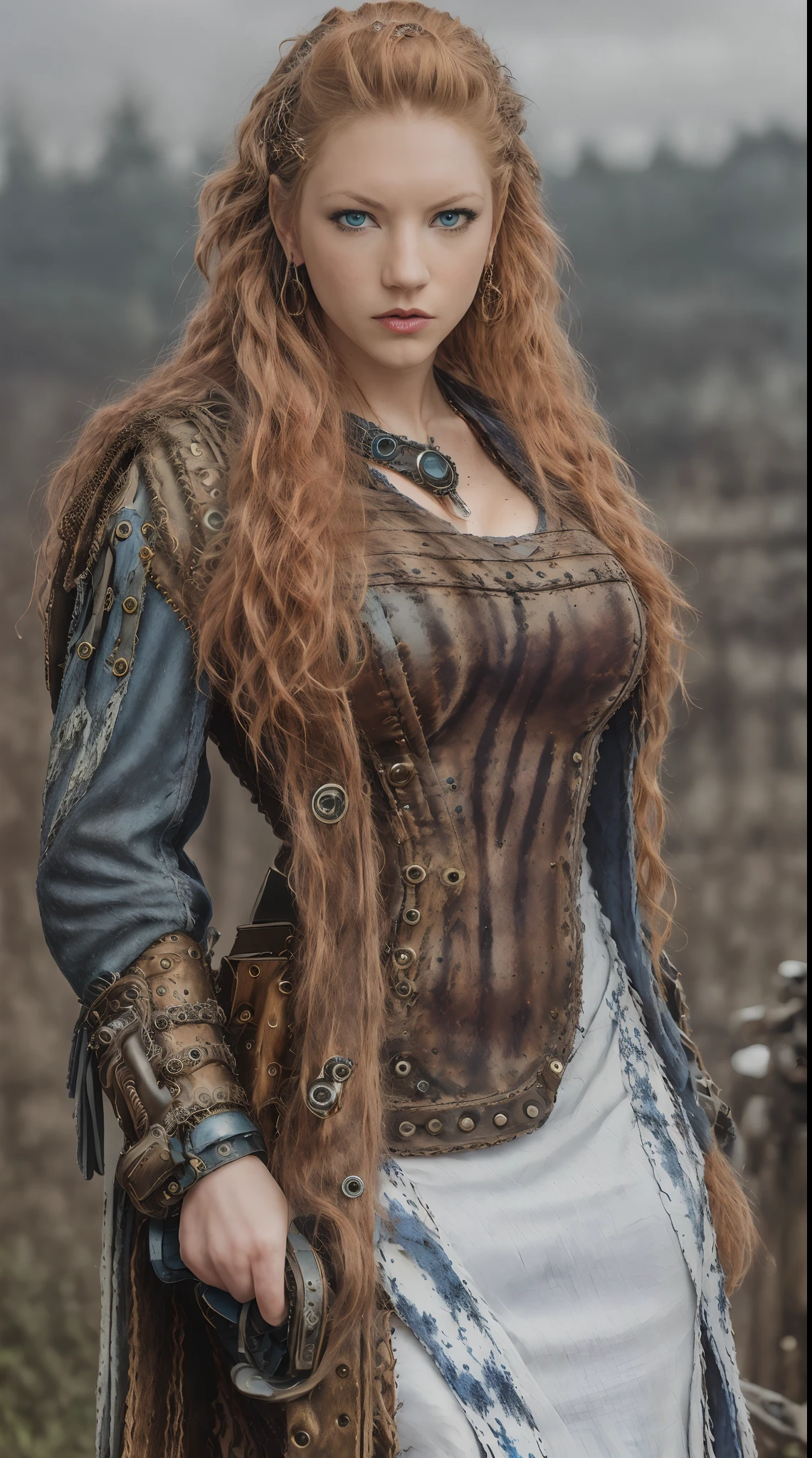 medium shot photo of a mix of (((steampunk:0.8))) and ((cyberpunk:0.5)), ((blue eyes)) Katherine with (((red long hair))), ((((wearing steampunk white dress)))), evening, dark, atmospheric, mist, best quality masterpiece, photorealistic, detailed, 8k, ((((HDR)))), shallow depth of field, broad light, high contrast, backlighting, blood splatter, sharp focus, RAW color photo,full body, massive perfect breast,, Axe holding,(((naked breast)))