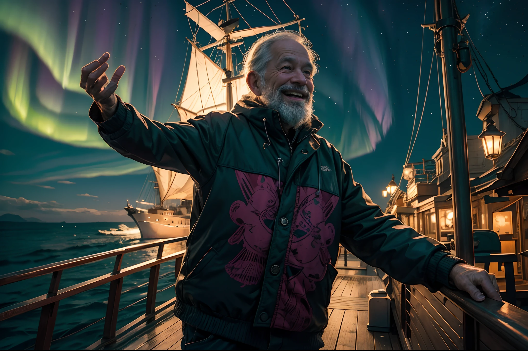 Lateral view of an old man on the deck of a ship, expressive face showing happiness and delight, wearing winter clothing, looking at the sky, sky with aurora, dancing Aurora lights, mostly green and touches of magenta. Ship on the Nothern Sea, nighttime, photorealistic.
