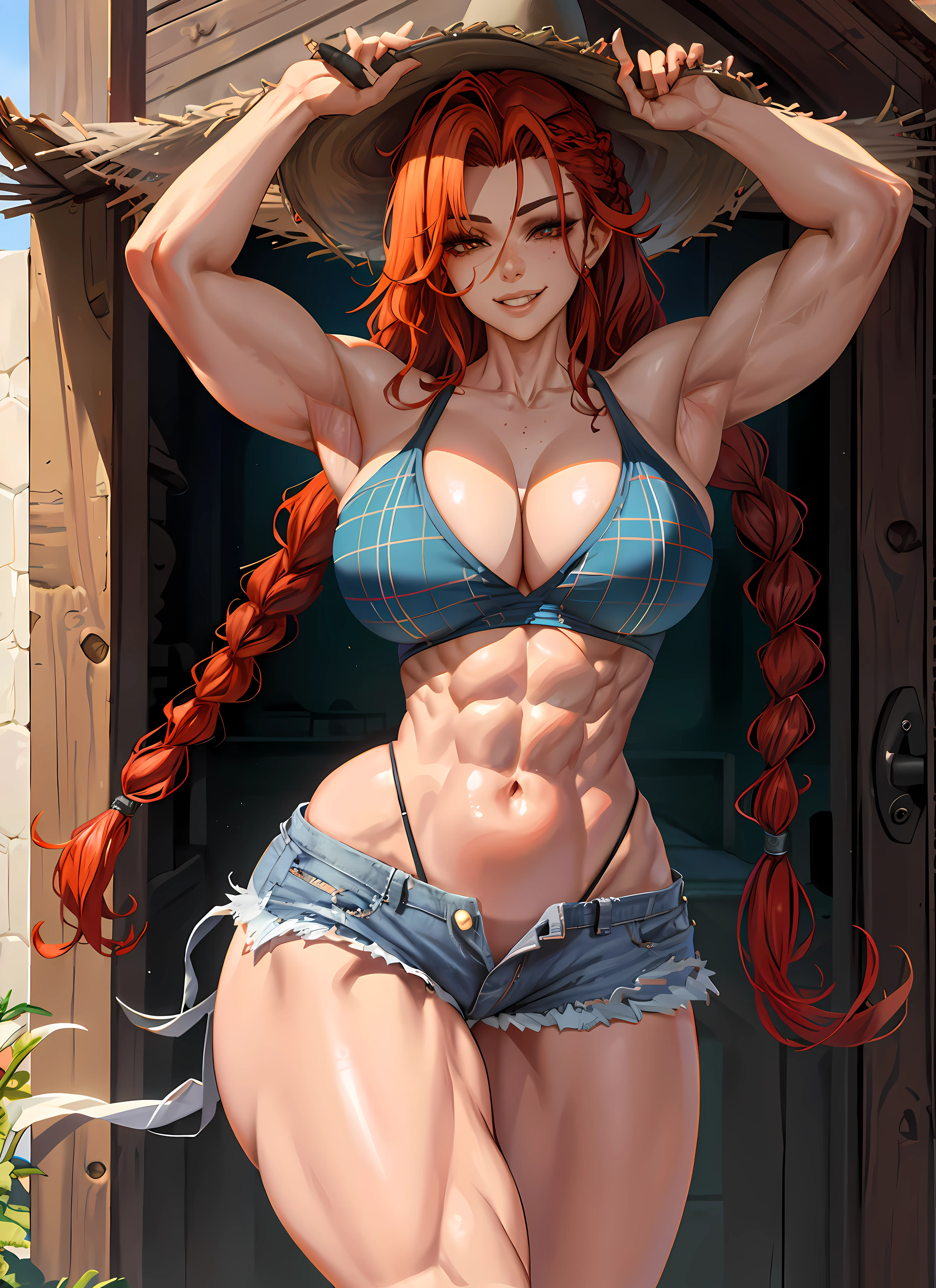 1girl, beautiful, perfect lighting, muscular, thick thighs, mature female, milf, navel, abs, looking at viewer (masterpiece, high quality:1.1) ,cowboy hat,body freckles,barn,pale skin,red hair, braid, ,short shorts,plaid shirt, skindentation, cleavage,grin
