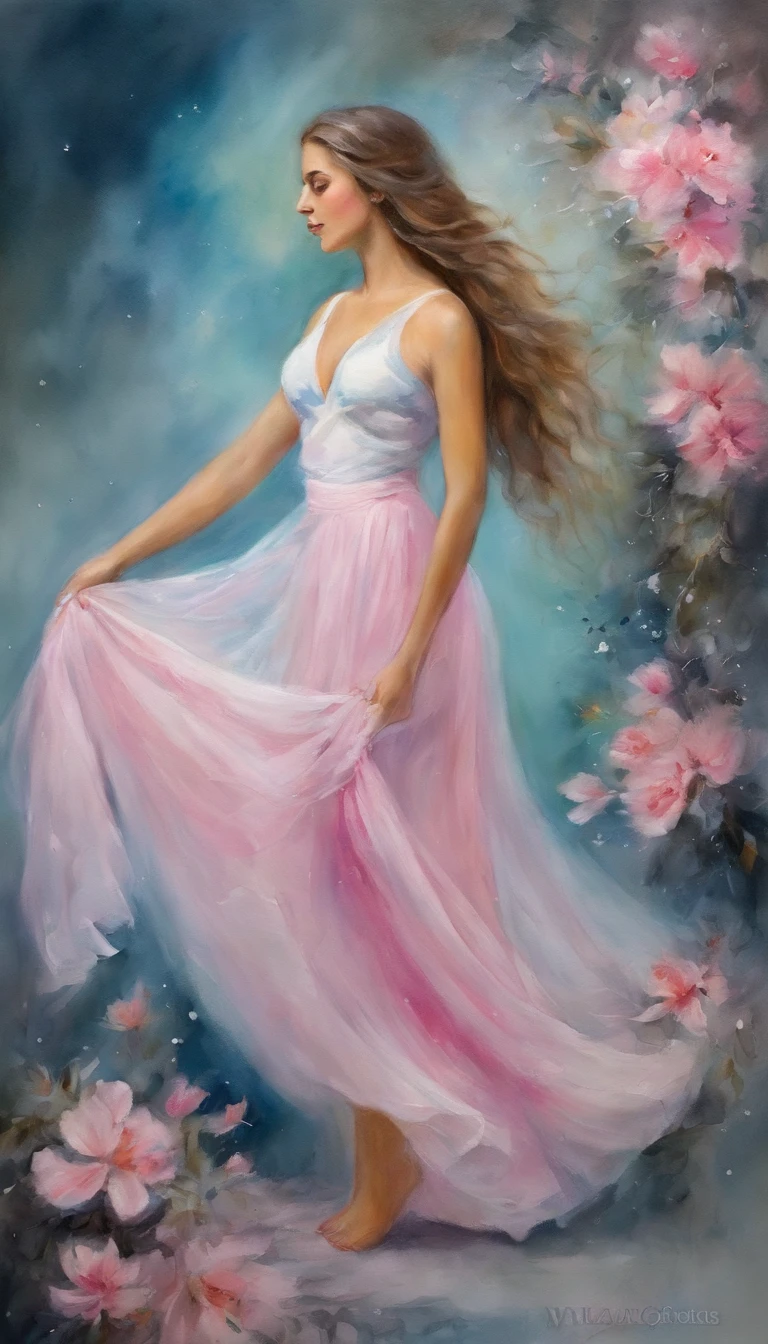 (best qualtiy，tmasterpiece), Beautiful teenage girl, beautiful goddess, Sexy Goddess, ((The shirt, falda corta, Floral)), Beautiful Hair Accessories, Pear, Detailed scene, the night, starrysky, cold light, (in pink, white colors, cyan colors), ((From Side)), ((Full body)), ((Realistic))