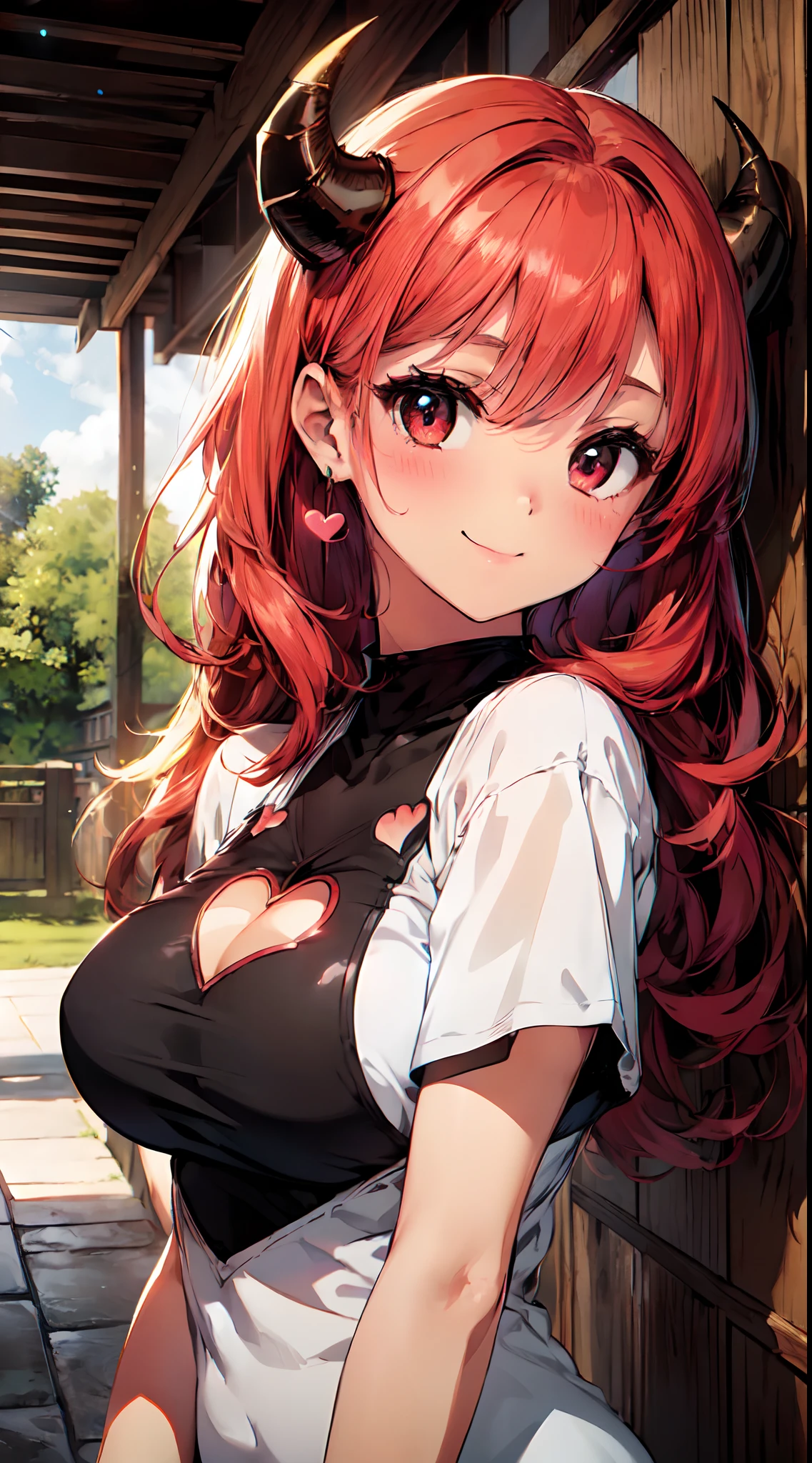 (masutepiece:1.3), (Best Quality:1.3),

(Beauty:1.5),(Chibi:0.5),(kawaii:2.0),(Cool:2.0),((17 year old girl),(Solo:1.65),BREAK, (huge-breasted:1.2,), Clear skin, Beautiful skin, Shy, 1 beautiful woman,Demons,Colossal tits(Hair Bow, Red hair, Long hair, flipped hair, hair messy,Wings of an angel on the back, Demon King's horn on the head:1.2), (Red Eyes, long eyelashes, Double eyelids: 1.2), Shiny skin,de pele branca,

BREAK

(T-shirt:1.2),cleavage,(Heart-shaped cutout:1.2),

break

outdoors,Japanese houses,entranceway,High Fence,tile roof,Large wooden gate,

BREAK

(Upper body:1.2),

,BREAK,depth of fields,, wakame,wakame,wakame,(Highly detailed CG Unity 8k wallpaper), (Best Quality, Very detailed, Colorful, Highest detail), (Best Illustration), (Best Shadow), POV, Realistic lighting and shading, Natural light, Lens flare effect,absurderes, absolutely resolution, unbelievable Ridiculous, hight resolution, ultra-detailliert, Official art, Unity 8k壁纸, Kinetic Typography Break, ‎ (1girl in, Solo:1.4), Dynamic Poses, sale,(Smile with plenty of room,blush:1.1) BREAK, ,