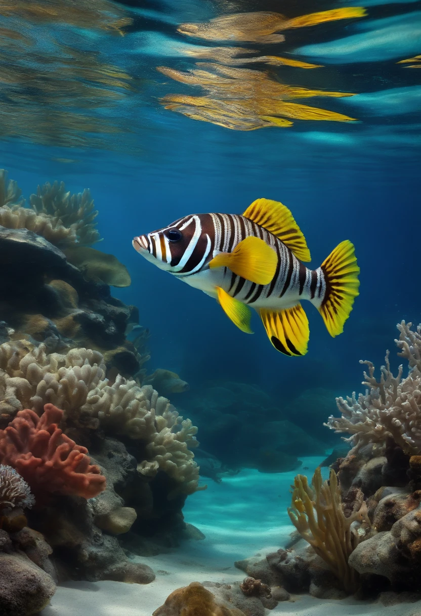 a raccoon fish, underwater scene, vibrant colors, detailed scales, coral reefs, tropical atmosphere, deep sea reflections, marine life, realistic textures, crystal clear water, sunlight streaming through the waves, shimmering tail, captivating beauty, underwater paradise, exotic species