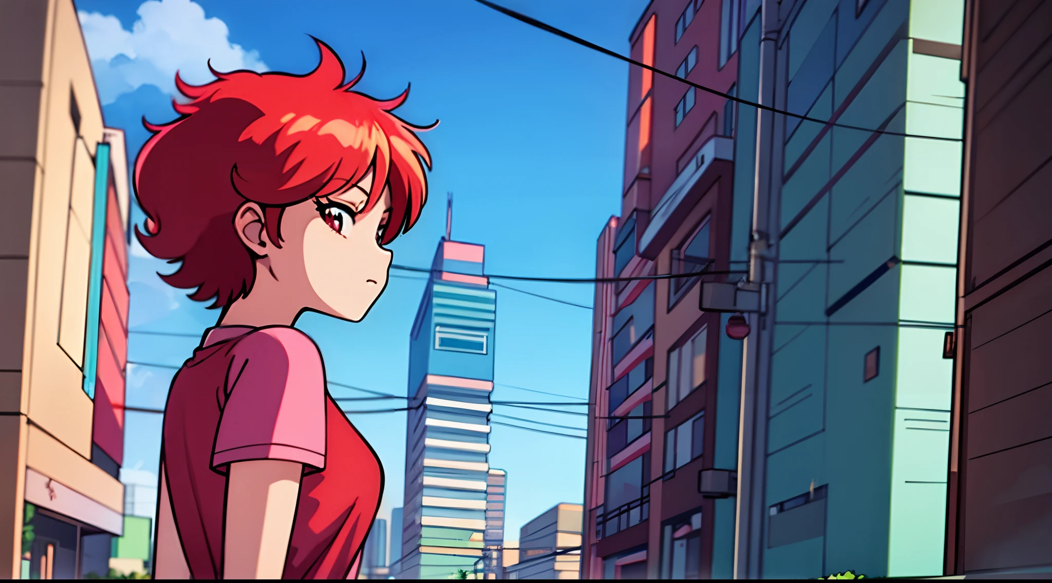 A woman with red hair and a green shirt in front of a building, menina lofi, 8 0 s vibe anime, anime vibes, Digital anime illustration, retro anime girl, menina anime sedutora, Elogio Artstyle, no estilo de arte do anime 8 0 s, Estilo anime. 8k, arte digital do anime cyberpunk, Estilo anime 4k