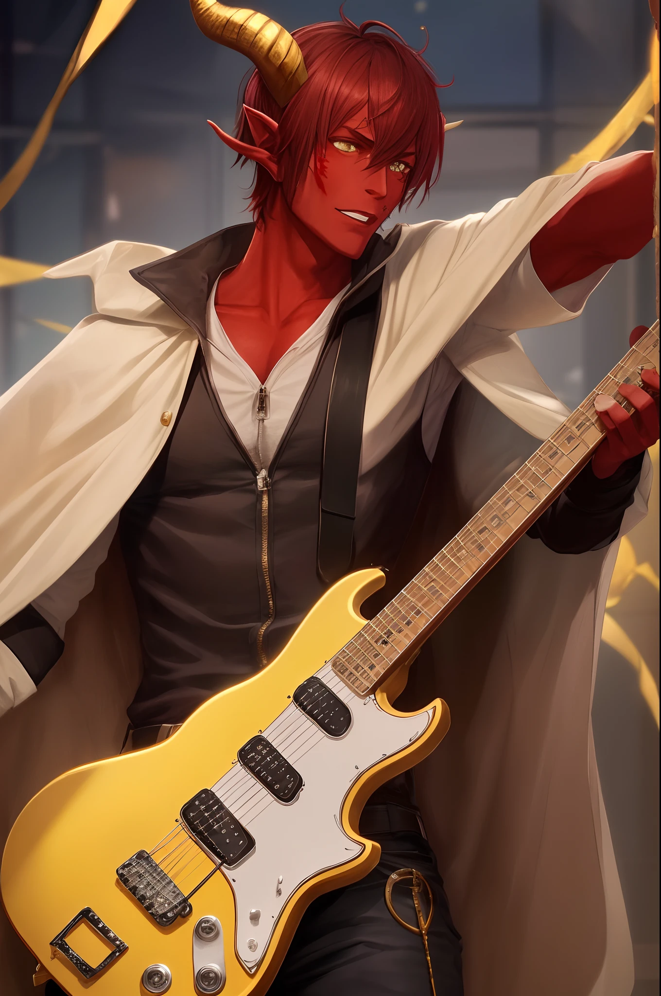 A male tiefling whith red skin, brown rair, black horns, playind a guitar orned in gold, dressed whith a golde  cape.