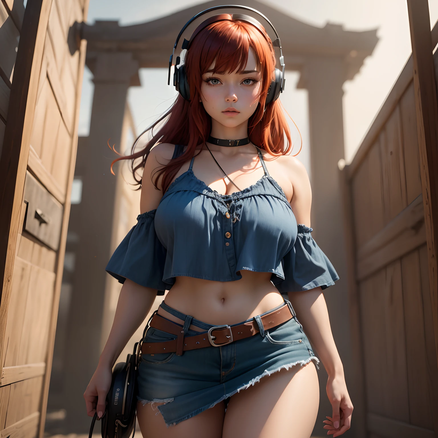 8k, masterpiece, best quality, realistic, higly detailed, cowboy shot, 1girl, solo, miku, emotionless looking girl, medium-length red hair, strands of hair hanging over the right side of her face, a set of wireless headphones that have a triangle-shaped logo on the ear cups around her neck, dark blue eyes, average height, well-endowed figure, large breasts, bangs cover her right eye, Life is Strange