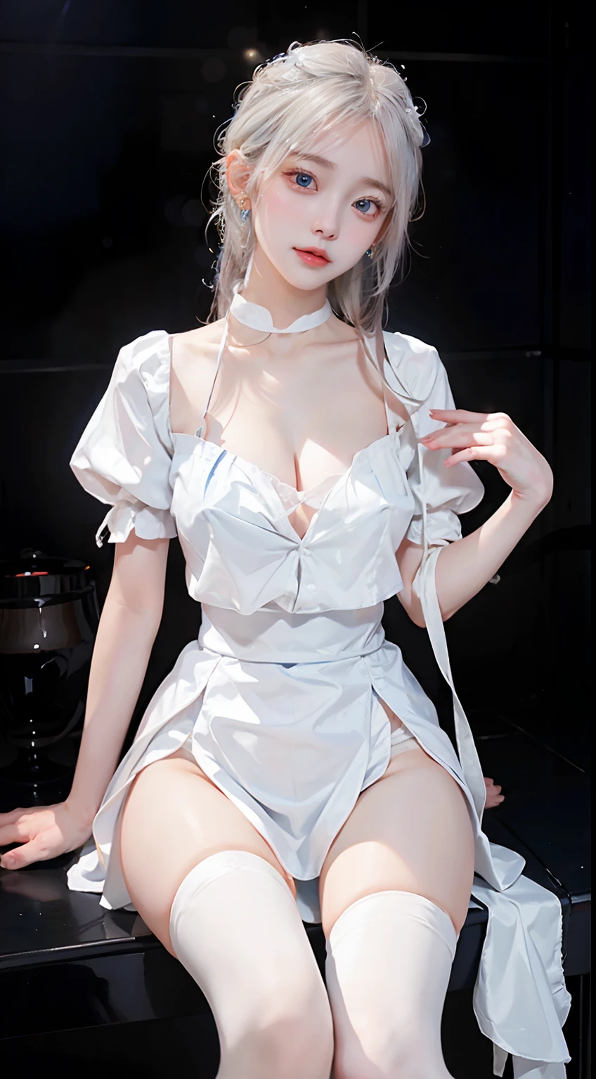 Transcendent beautiful girl with white hair and blue eyes、Dressed in a simple and classic style。Her fashion is、Consists of a white blouse and a dark blue knee-length skirt.。That white blouse is clean、In harmony with blue eyes。Dark blue skirt draws an elegant silhouette、Complements her beautiful figure。Silver necklace and earrings、It further emphasizes her characteristic charm。She is simple, But、It fascinates everyone with its beauty..。