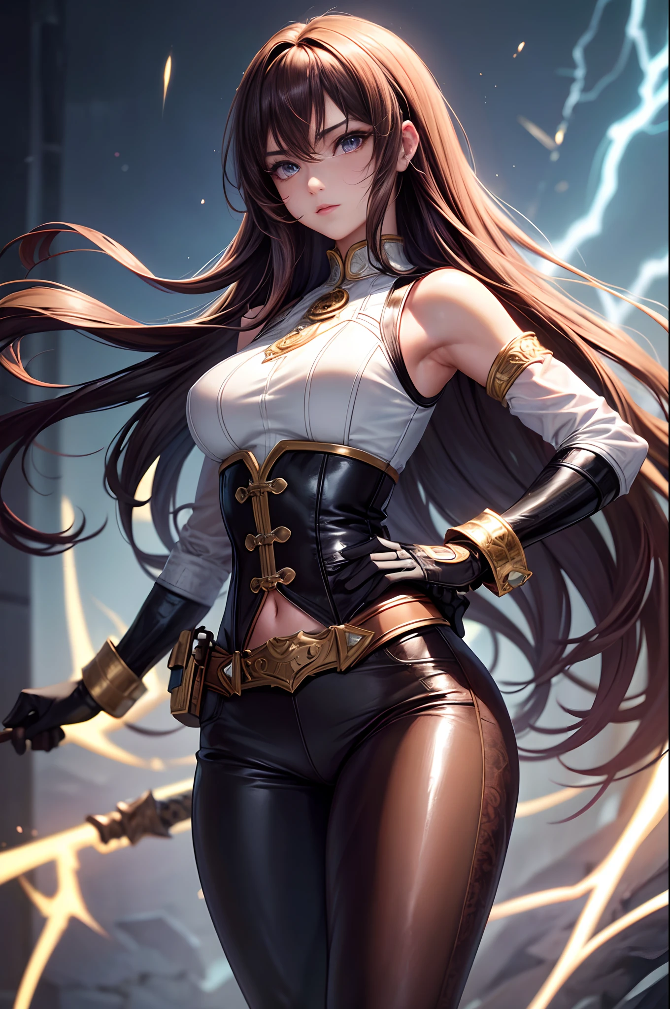 (medium breast)), (perfect body : 1.1), (lond hair : 1.2), (extremely detailed CG 8k wallpaper), (an extremely delicate and beautiful), (masterpiece), (best quality:1.0), (ultra highres:1.0), beautiful lighting ,perfect lightning, realistic shadows, [highres], detailed skin, ultra-detailed (((colorful))),high realistic, Adult woman, solo girl, purple eyes, ultra-detailed face, estern face, detailed lips, detailed eyes, double eyelid, long brown hair, full body shot, wearing leather joga pants , white corset with small vest, fighting pose, lightning aura