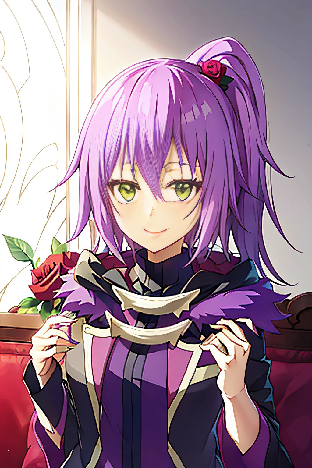 an anime girl with purple hair next to a rose, 1girl, solo, smile, flower, green eyes, petals, pink hair, looking at viewer, cup, tensura, ultima