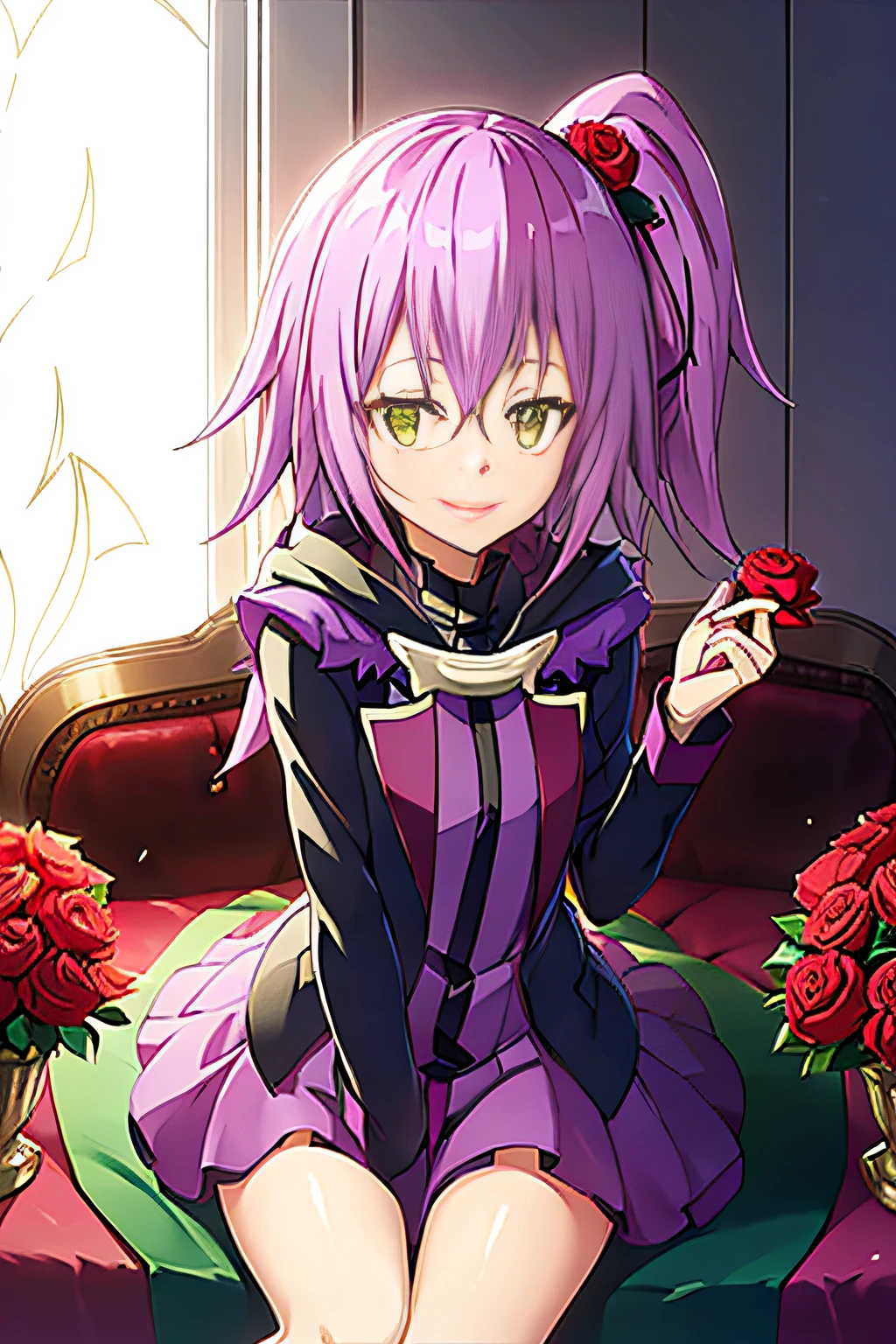 an anime girl with purple hair next to a rose, 1girl, solo, smile, flower, green eyes, petals, pink hair, looking at viewer, cup, tensura, ultima