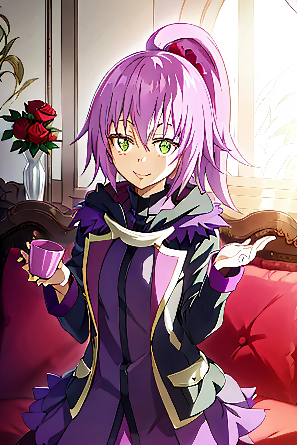 an anime girl with purple hair next to a rose, 1girl, solo, smile, flower, green eyes, petals, pink hair, looking at viewer, cup, tensura, ultima