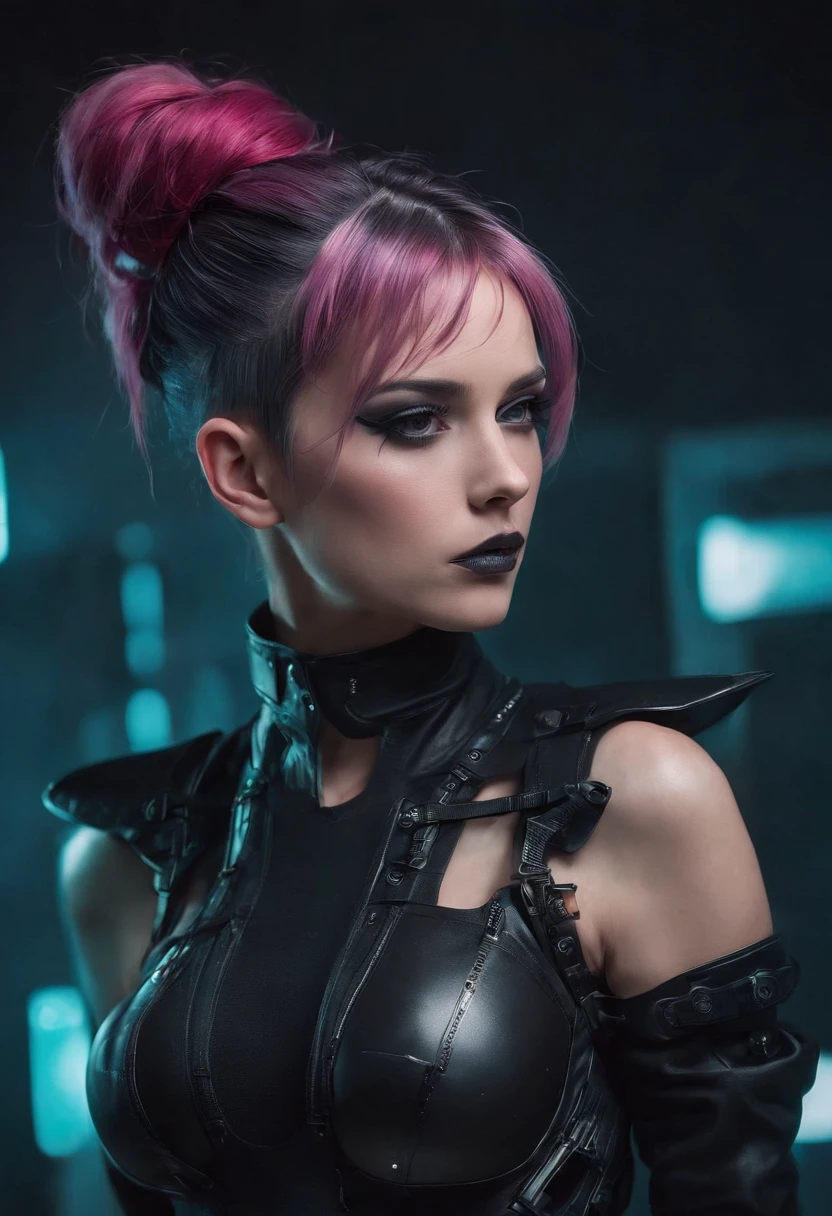 Cyberpunk woman posing for a photoshoot, bizarre fashion, sexy outfit, punk fashion, leotard, bodysuit, cyberpunk style.