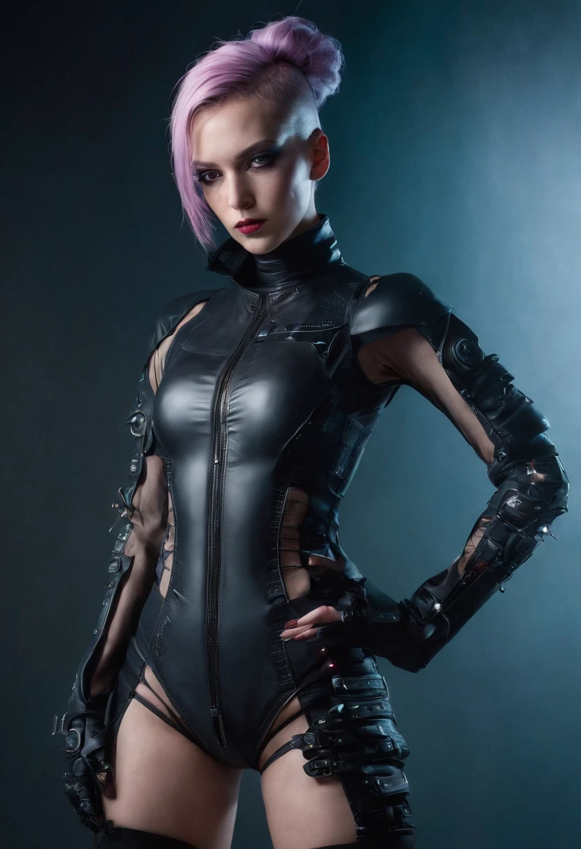 Cyberpunk woman posing for a photoshoot, bizarre fashion, sexy bodysuit, seen from behind, punk fashion, latex bodysuit, sensual pose, cyberpunk style, showing her booty, perfect ass.