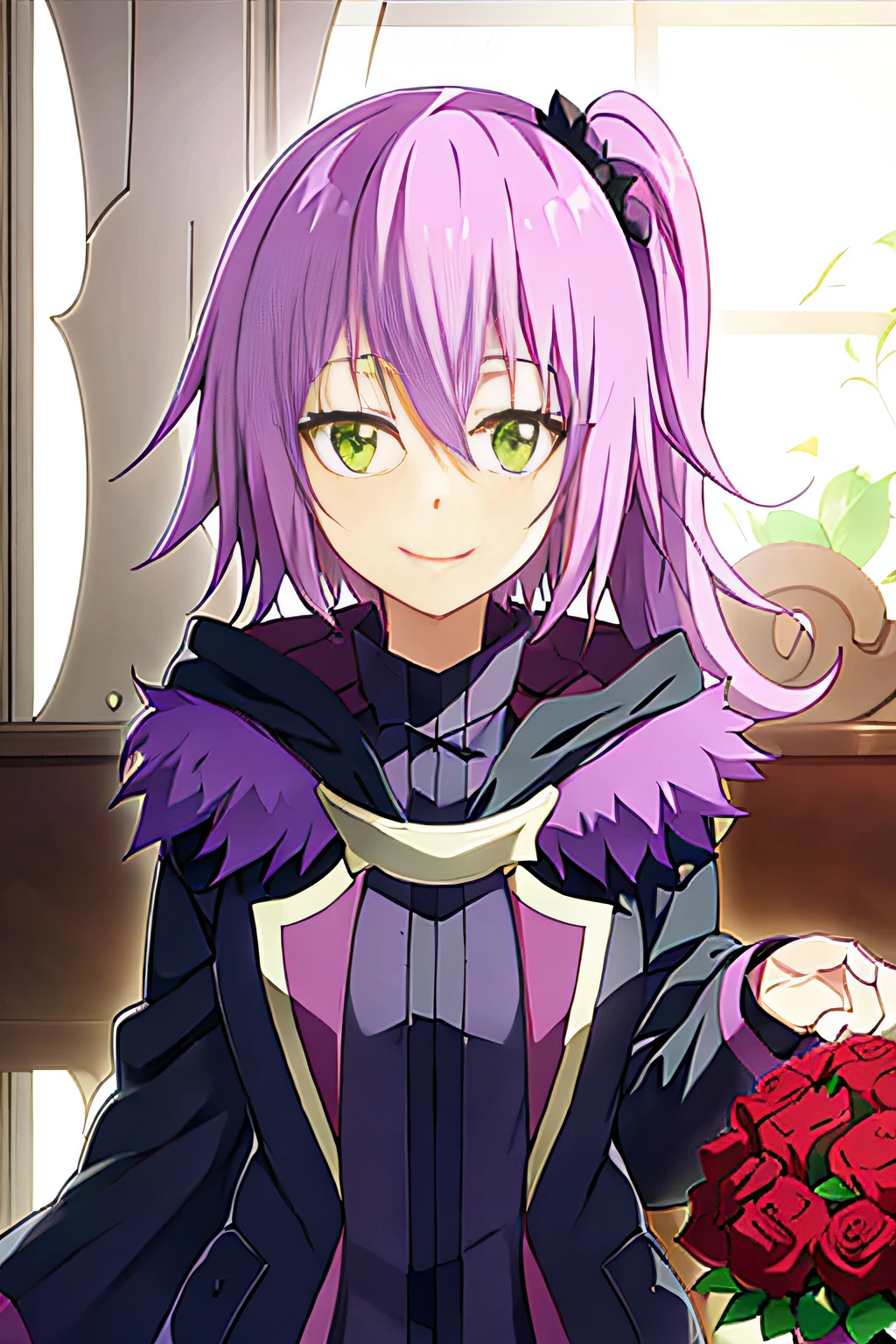 an anime girl with purple hair next to a rose, 1girl, solo, smile, flower, green eyes, petals, pink hair, looking at viewer, cup, tensura, ultima