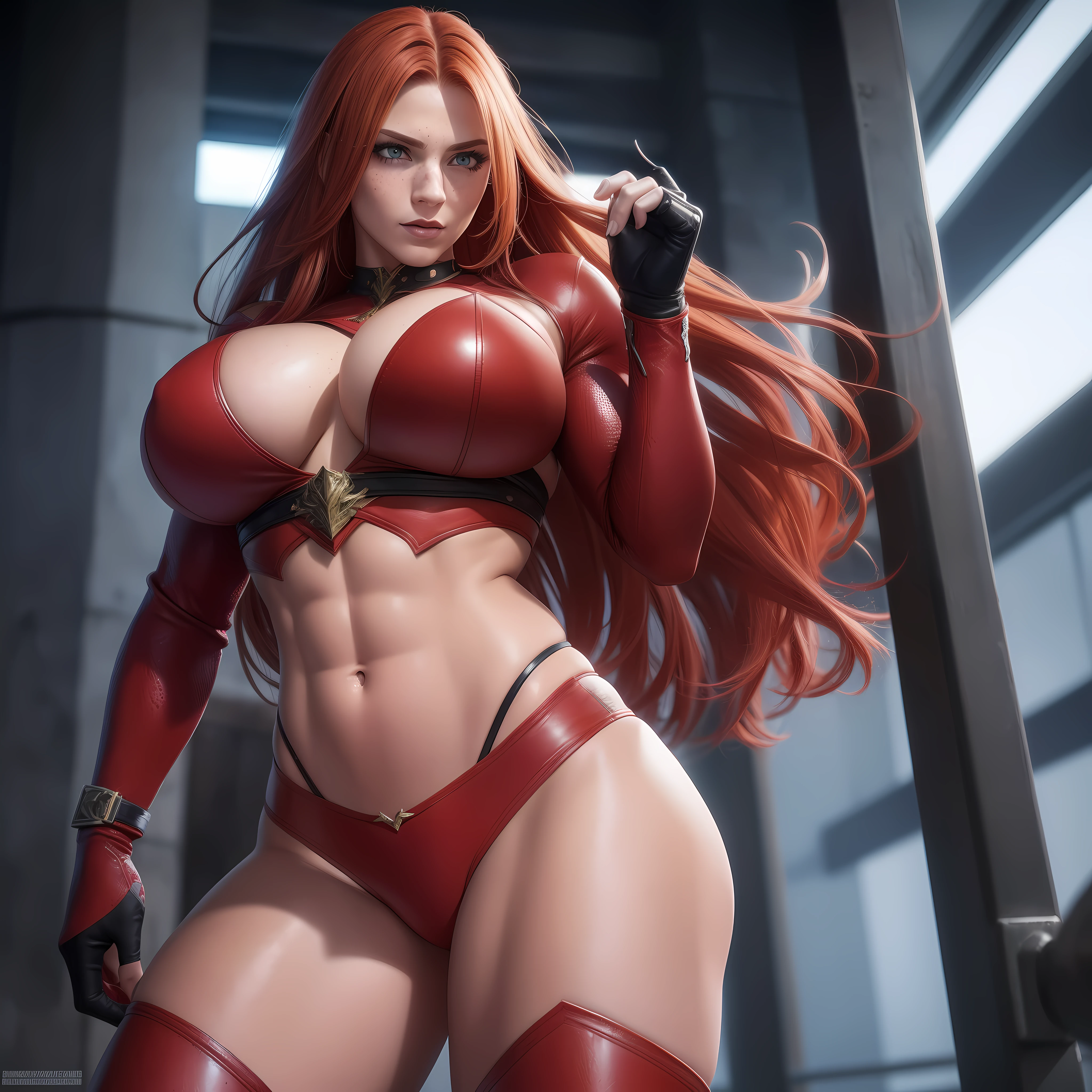 Female supervillain, magical powers, muscular, realistic, beautiful, incredibly intricate, 8k resolution, muscular abs, muscular calves, long hair, huge breast, red hair, freckles, leather outfit