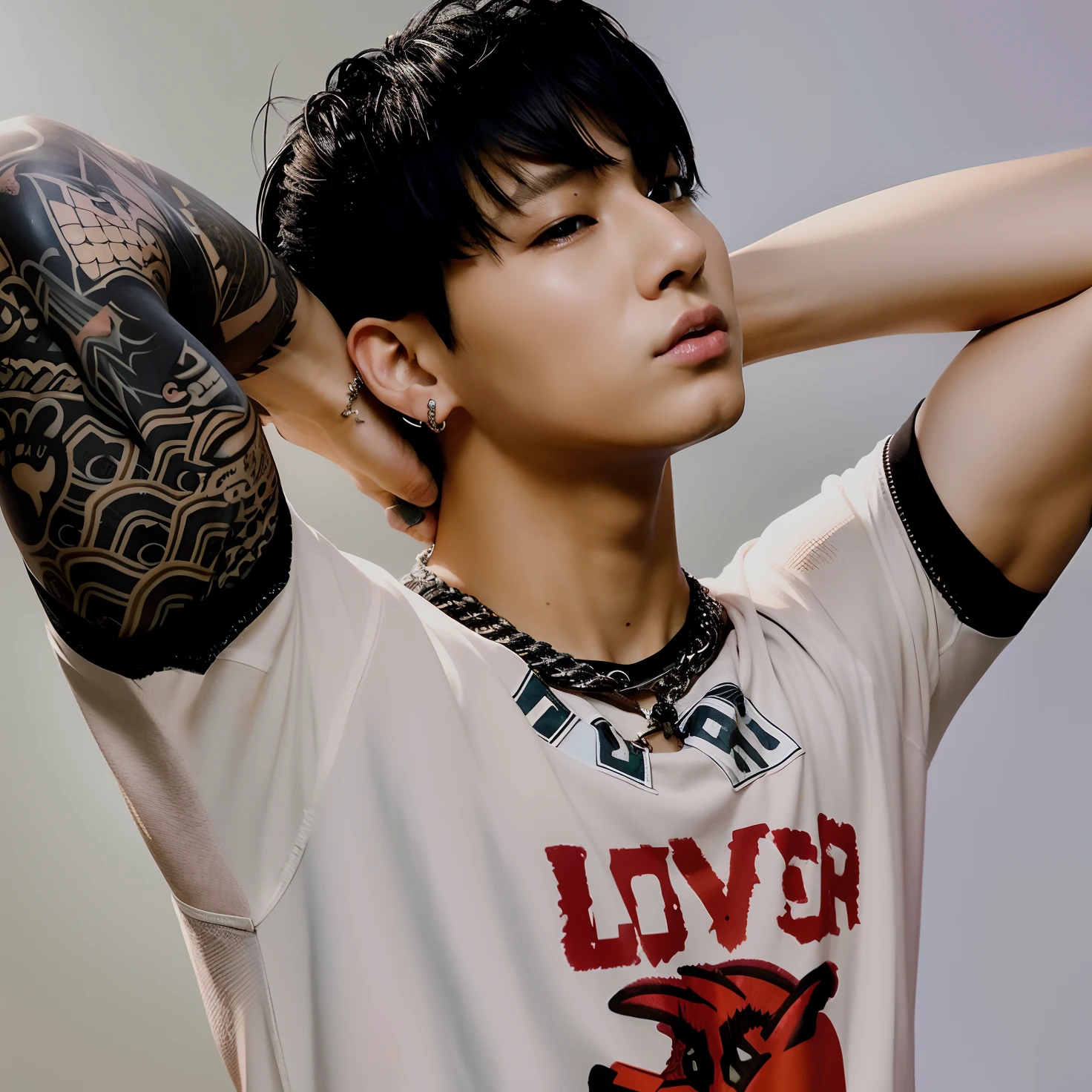 arafed male with tattoos on his arm and a white shirt, jungkook, cai xukun, jinyoung shin, hyung tae, inspired by Kun Can, black haired yoongi, hong june hyung, taejune kim, ((oversaturated)), 2 1 savage, jinyoung shin aesthetic, ten lee, inspired by Bian Shoumin, yanjun chengt