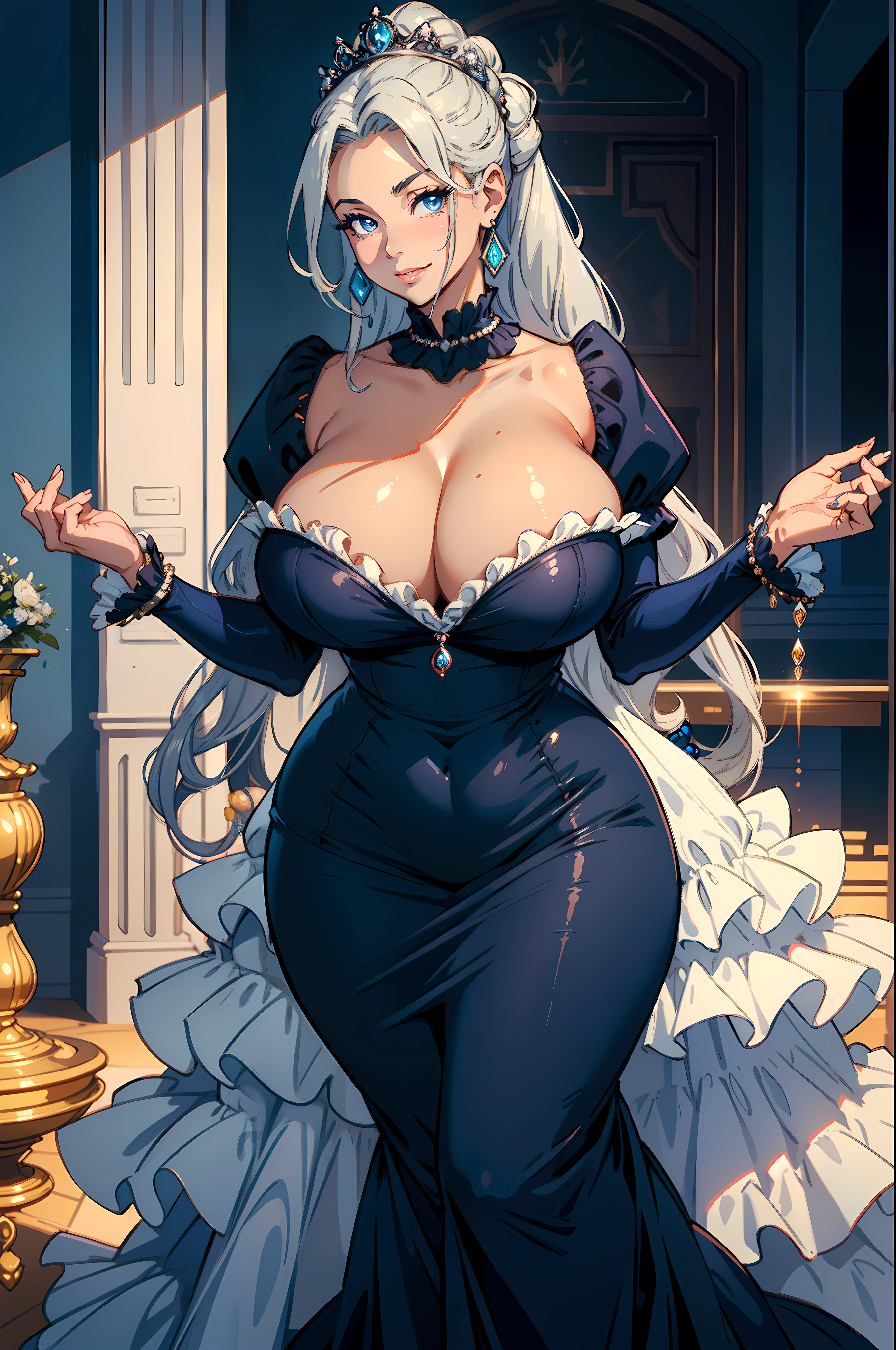 Best quality, solo mature woman, enormous breasts, giant ass, very curvy, tanned skin, half up ponytail, navy blue eyes, full lips, seductive, smiling, queen dress with long frilly sleeves, royal crown, silver jewellery, hand fan, dewdrop earrings, curvy physique, thick thighs, puffy dress bottom