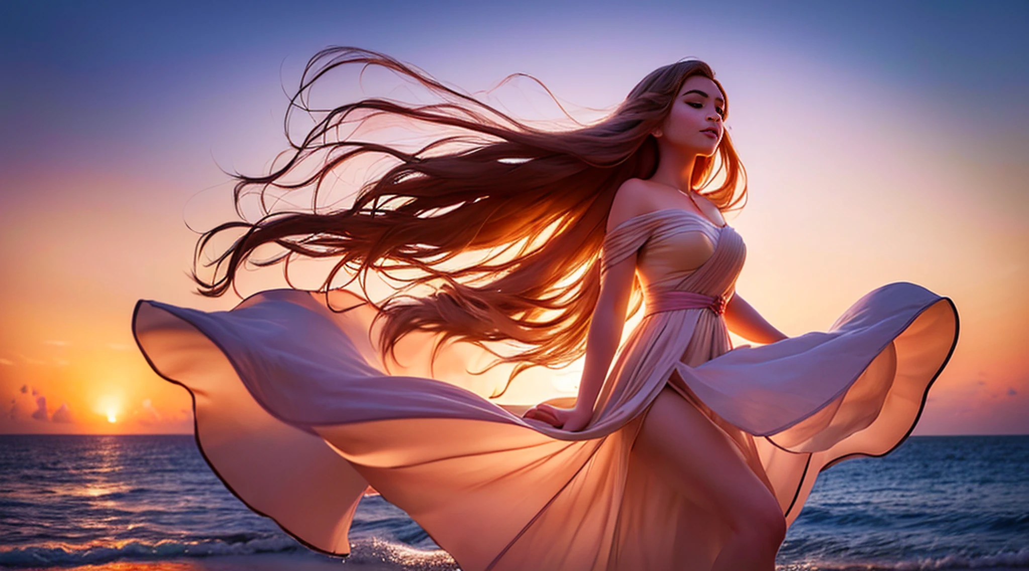 (master part, high resolution, illustration:1.2), Radiant young woman in a flowing dress, (Graceful and ethereal presence:1.1), (sol dourado afundando sob o horizonte:1.2), (suave brisa do mar acariciando suas bochechas:1.2), (Praia tranquila e isolada com palmeiras:1.1), (Pastels painting the sky in shades of pink and orange:1.2), (ondas suaves que atingem a costa arenosa:1.1), (gaivotas deslizando pelo ar:1.2), a moment of enchantment and serenity in the paradisiacal Maldives, Artistic details, Captivating composition.