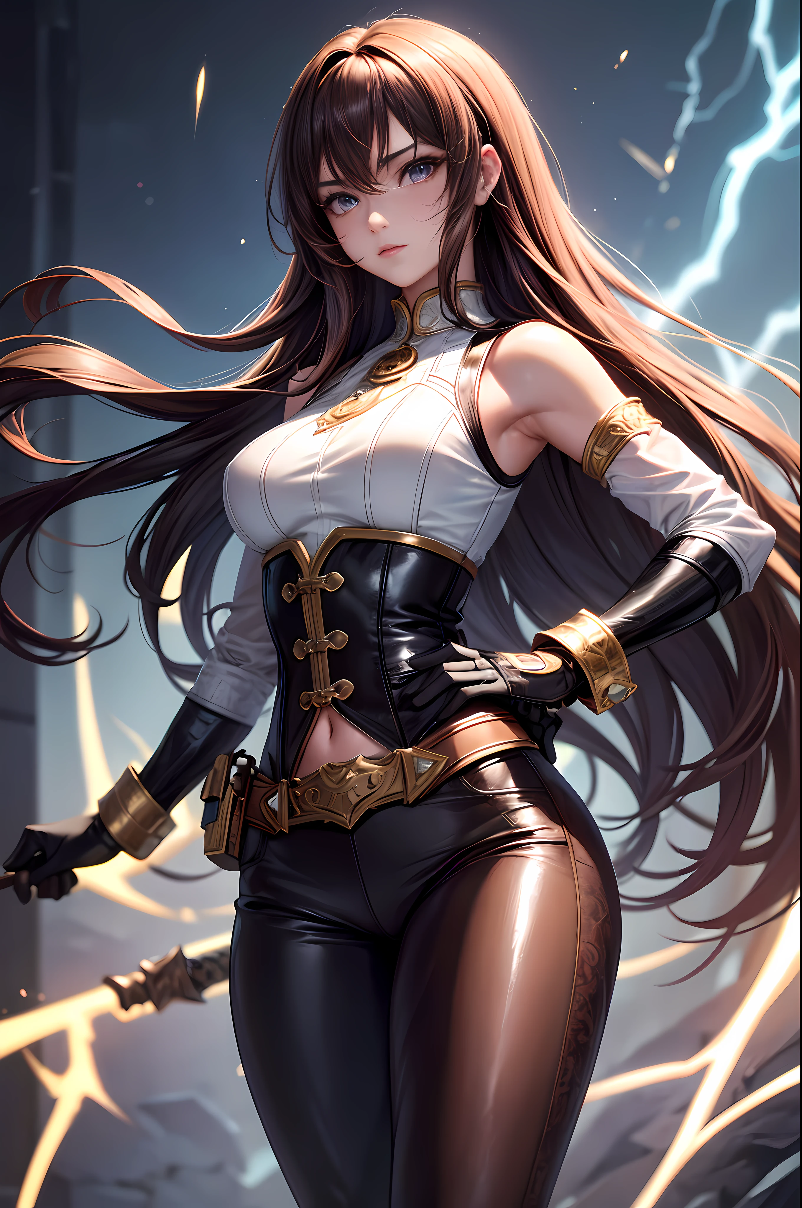 (medium breast)), (perfect body : 1.1), (lond hair : 1.2), (extremely detailed CG 8k wallpaper), (an extremely delicate and beautiful), (masterpiece), (best quality:1.0), (ultra highres:1.0), beautiful lighting ,perfect lightning, realistic shadows, [highres], detailed skin, ultra-detailed (((colorful))),high realistic, Adult woman, solo girl, purple eyes, ultra-detailed face, estern face, detailed lips, detailed eyes, double eyelid, long brown hair, full body shot, wearing leather joga pants , white corset with small vest, fighting pose, lightning aura
