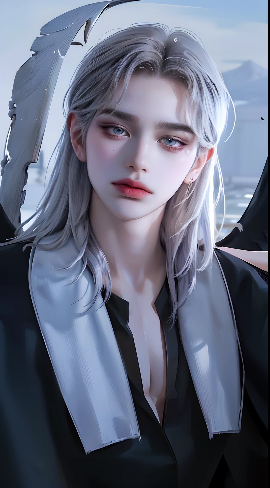 ((4K works))、​masterpiece、（top-quality)、((high-level image quality))、((one beautiful women))、Slim body、((Black Y Shirt Fashion))、(Detailed beautiful eyes)、Fantastic city background、((Face similar to Chaewon in Ruseraphim))、((Bob Hairstyles))、((bright silver hair))、((Smaller face))、((Neutral face))、((Light blue eyes))、((Korean Women))、((18year old))、((Wild Lady))、((Glaring at him with a savage look))、((Korean makeup with black eyeshadow))、((elongated and sharp eyes))、((Shot alone))、((Fallen Angel))、((Fallen Angel Woman))、Photos of fallen angels、Villain、((amazing photo))、Photographed so that the whole body can be seen、horor、Put a crow on your shoulder、Dark Proof