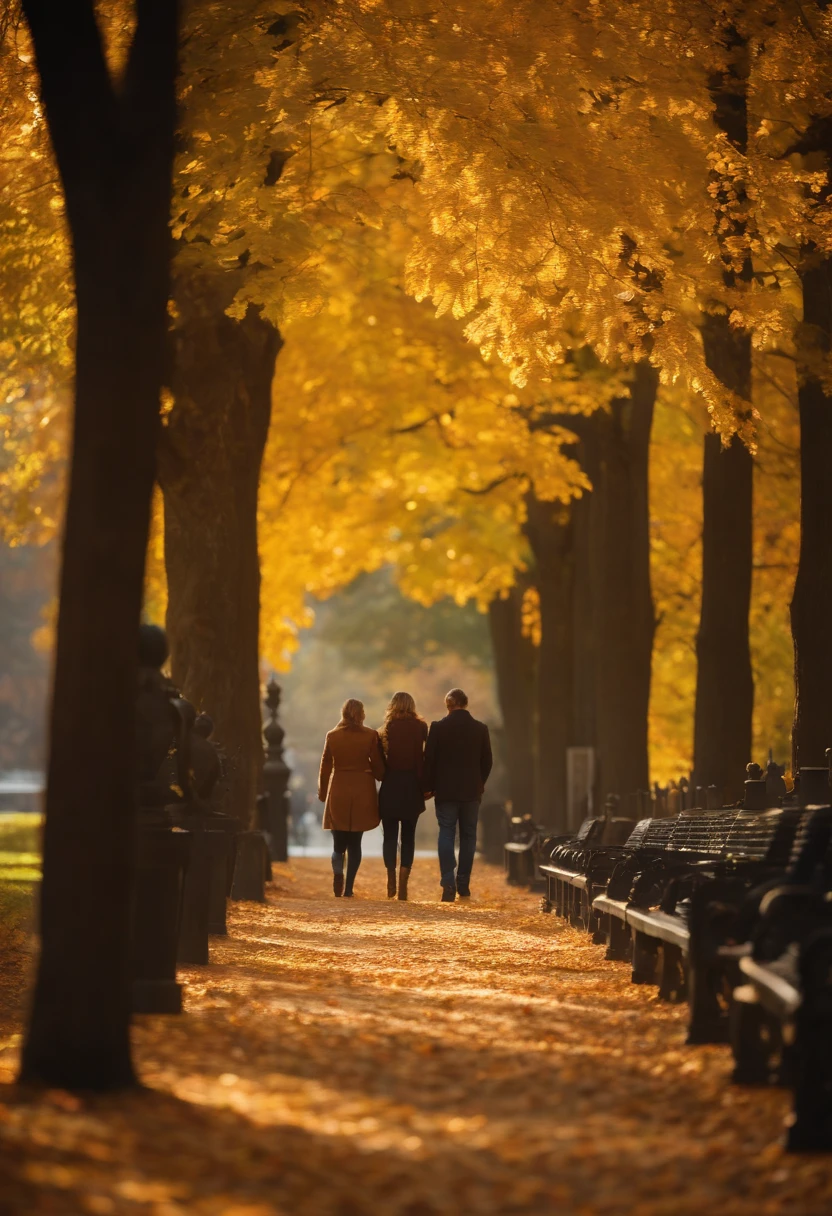 Golden autumn foliage, park setting, leaf-covered pathway, distant couple walking hand-in-hand, soft sunlight filtering through the trees, Canon EOS 5D Mark IV, 85mm lens, f/2.8, warm tones, slight haze --ar 4:5 --v 5.2 --q 2